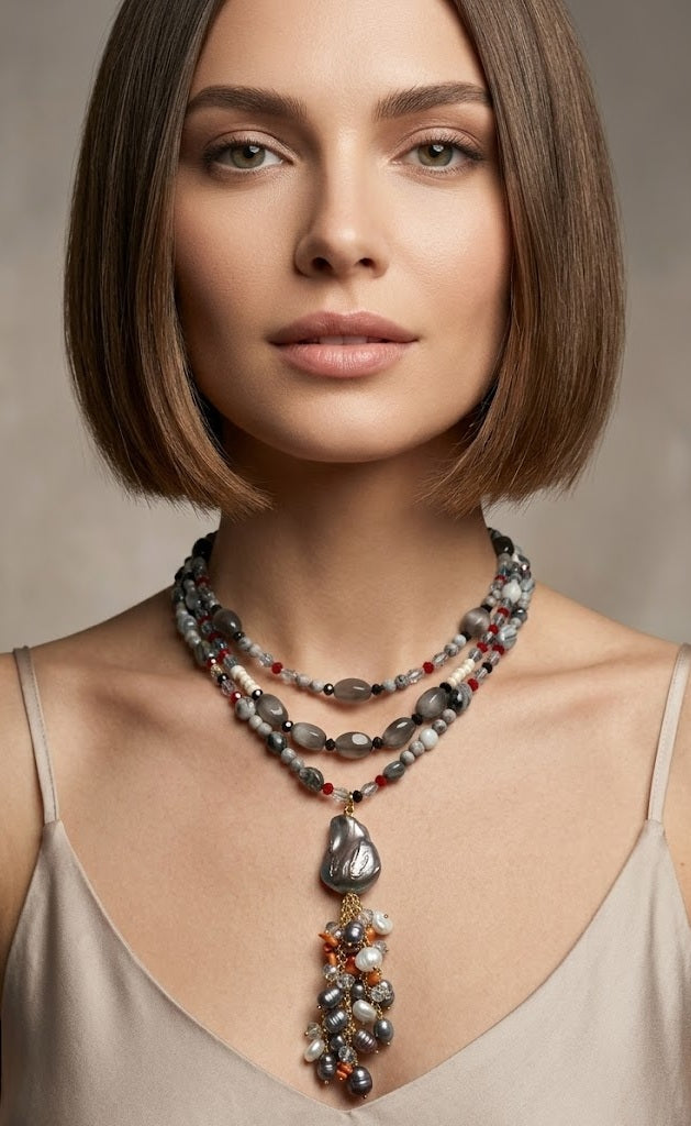 Collana Multifilo Artigianale Handmade | Diaspro Picasso, Perle Naturali, Cristalli ed Elemento Centrale in Perle e Pasta di Corallo | Made in Italy