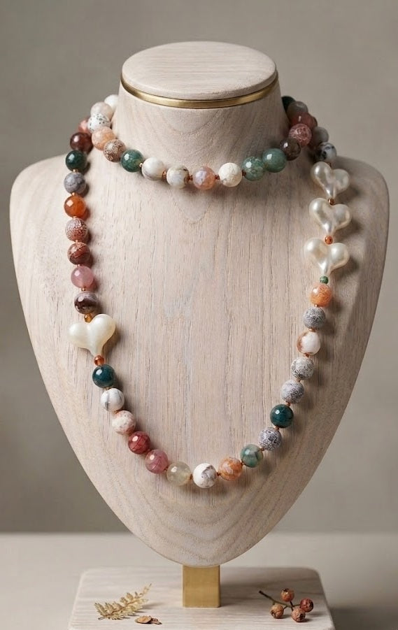 Collana Artigianale Handmade | Agata Pelle di Serpente, Cuoricini Bianchi in Acrilico | Made in Italy