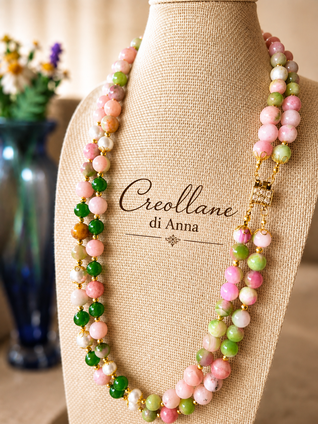 Collana Doppio Filo Pietre Naturali – Opale Rosa, Quarzite Giada Anguria, Crisoprasio, Perle Maiorca, Ematite Oro