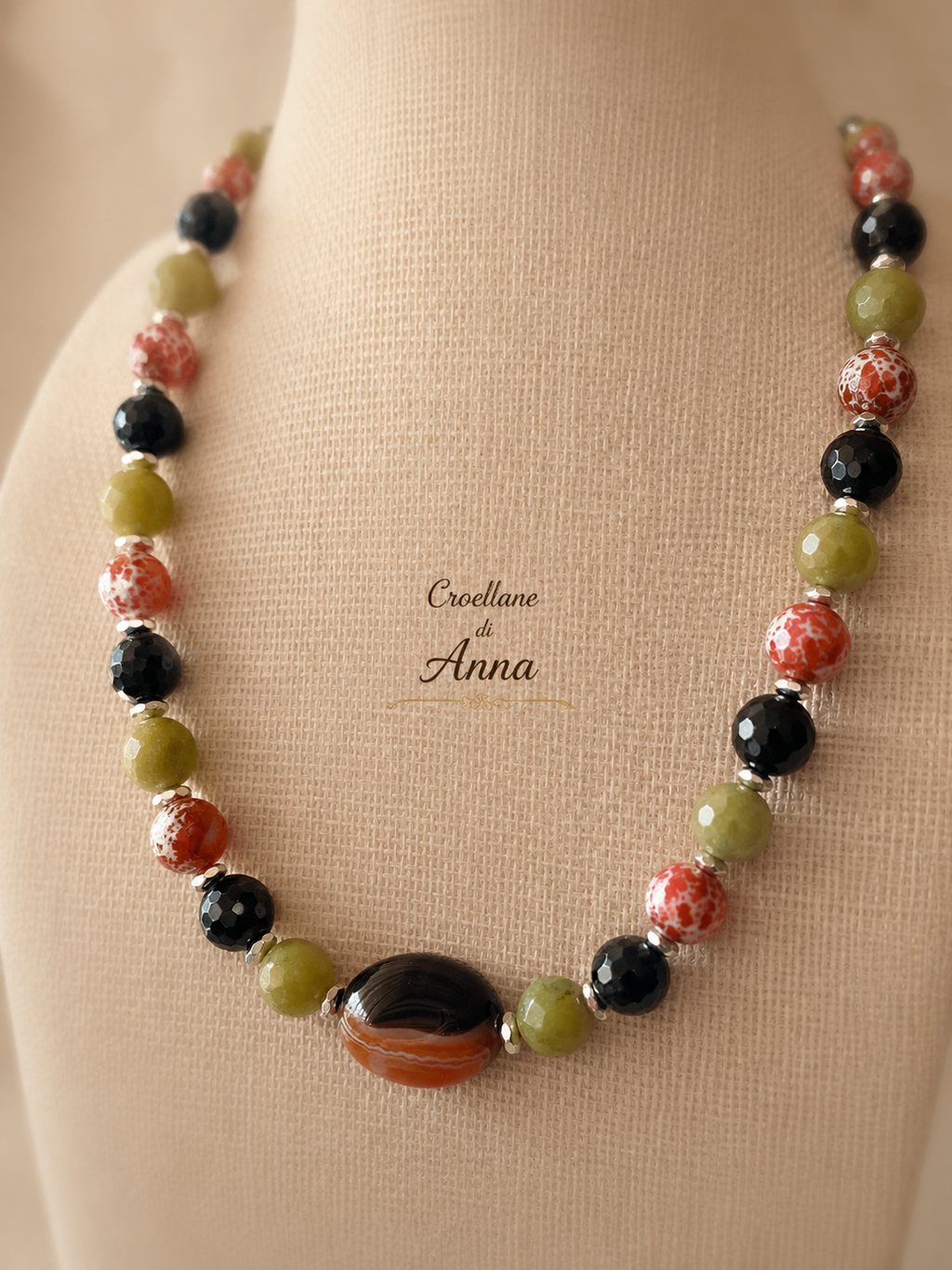 Collana Girocollo Pietre Naturali – Agata Pelle di Serpente, Serpentino, Onice Nero e Ematite Silver