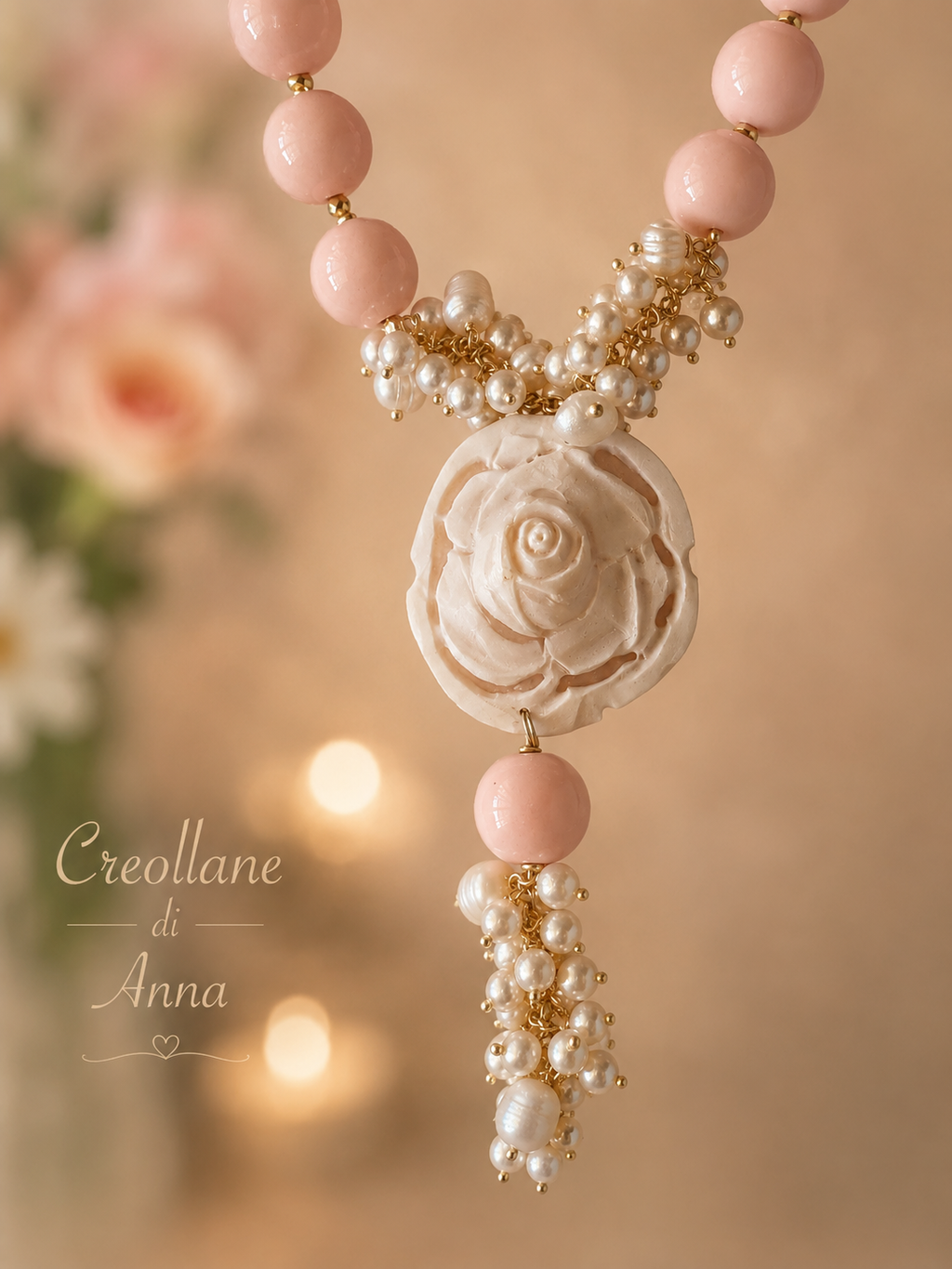 Collana Pietre Naturali – Opale Rosa, Perle di Maiorca e Cameo in Conchiglia con Ciondolo | Made in Italy