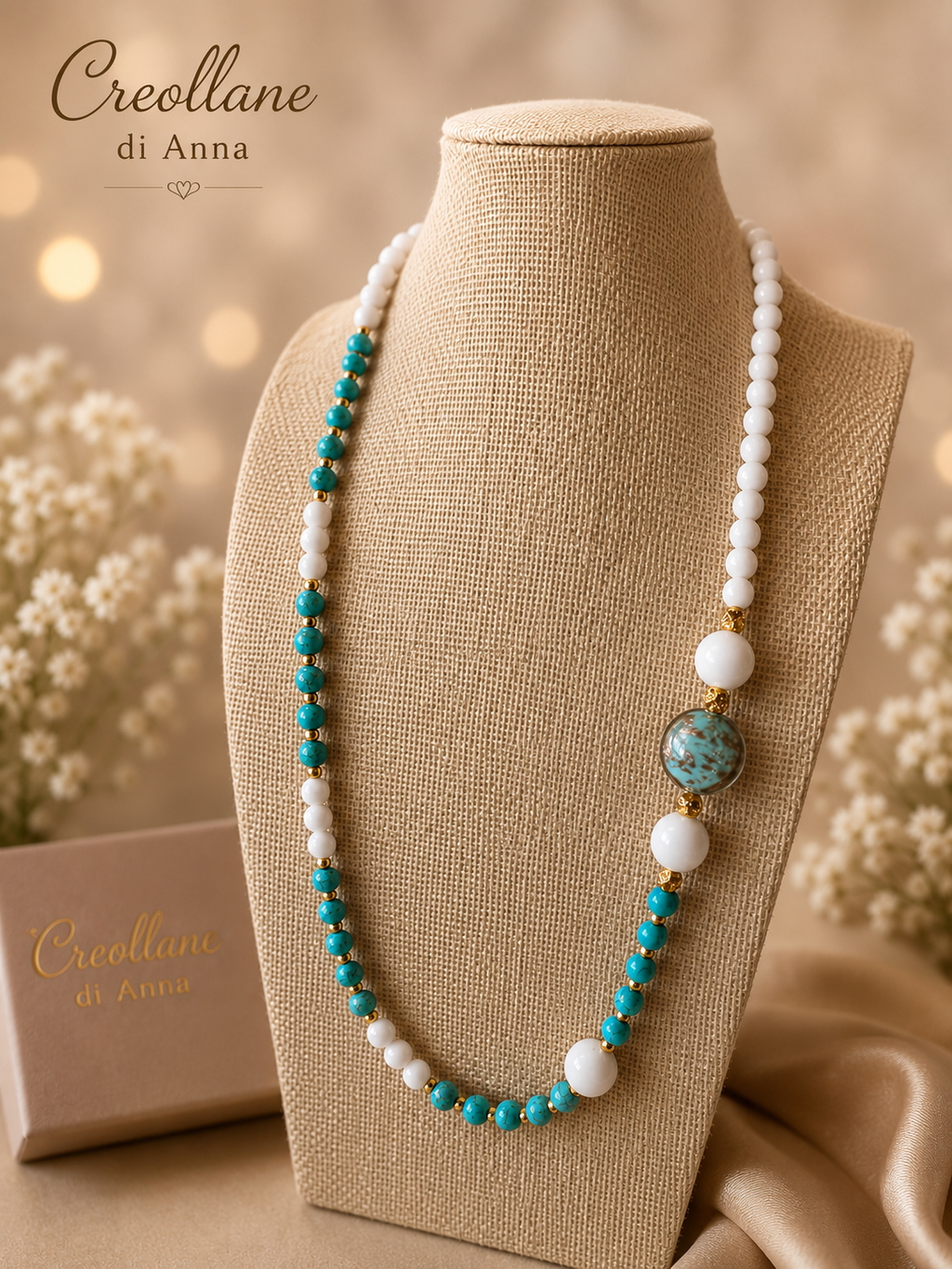 Collana Lunga Pietre Naturali – Agata Bianca, Ematite e Turchinite | Made in Italy