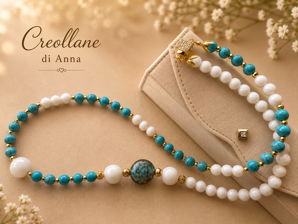 Collana Lunga Pietre Naturali – Agata Bianca, Ematite e Turchinite | Made in Italy