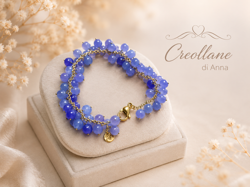 Bracciale Donna Artigianale Handmade | Calcedonio Blu Sfere Tonde 4mm su Catena | Made in Italy