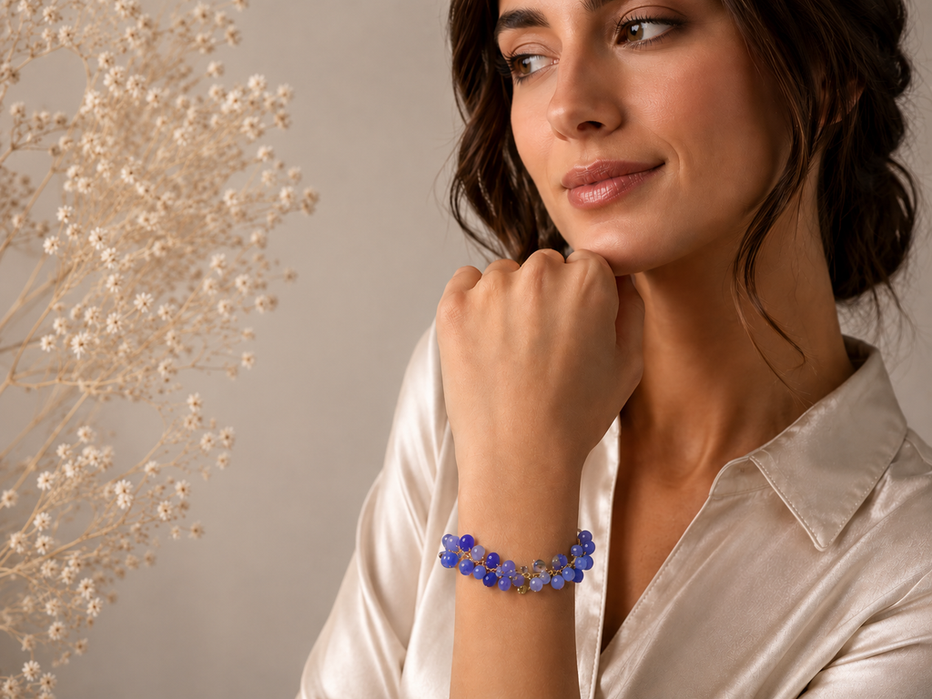 Bracciale Donna Artigianale Handmade | Calcedonio Blu Sfere Tonde 4mm su Catena | Made in Italy