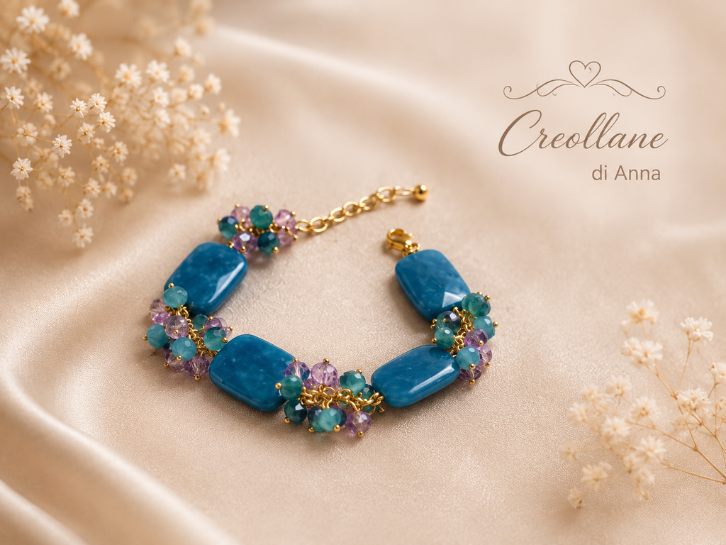 Bracciale Donna Artigianale Handmade | Calcedonio Blu Rettangolare e Cristalli Ottanio e Viola | Made in Italy