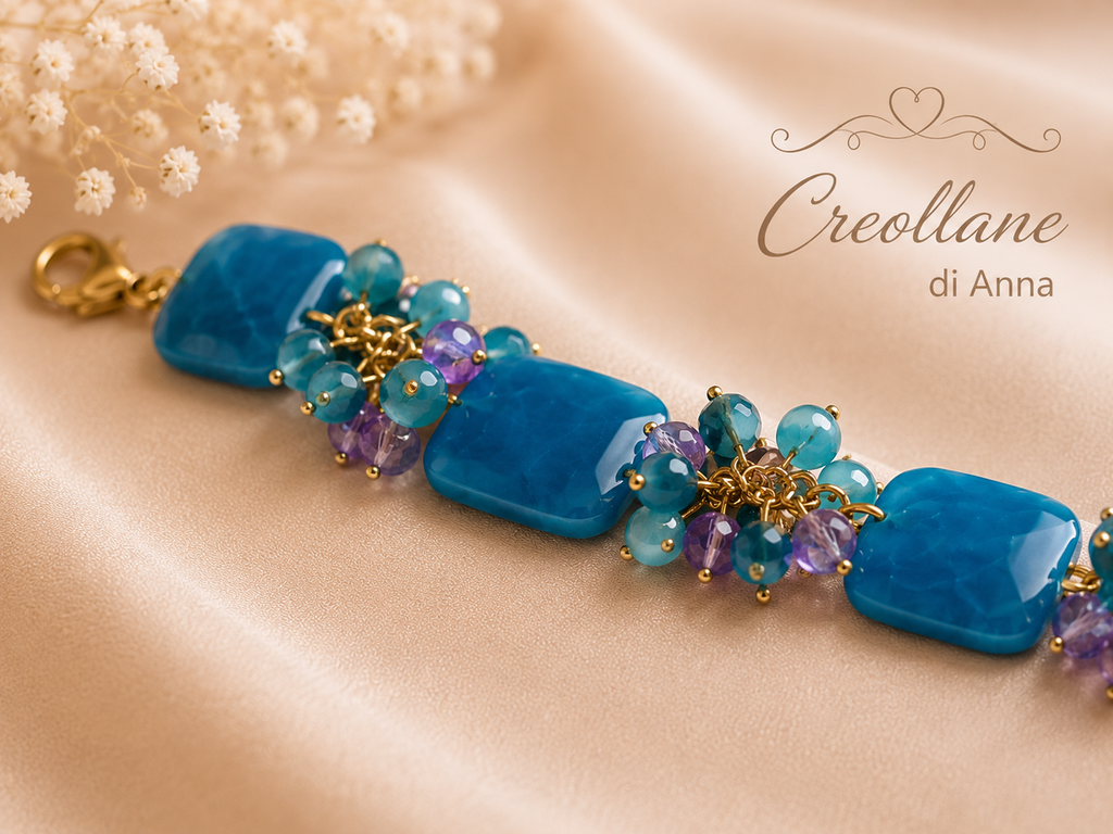 Bracciale Donna Artigianale Handmade | Calcedonio Blu Rettangolare e Cristalli Ottanio e Viola | Made in Italy