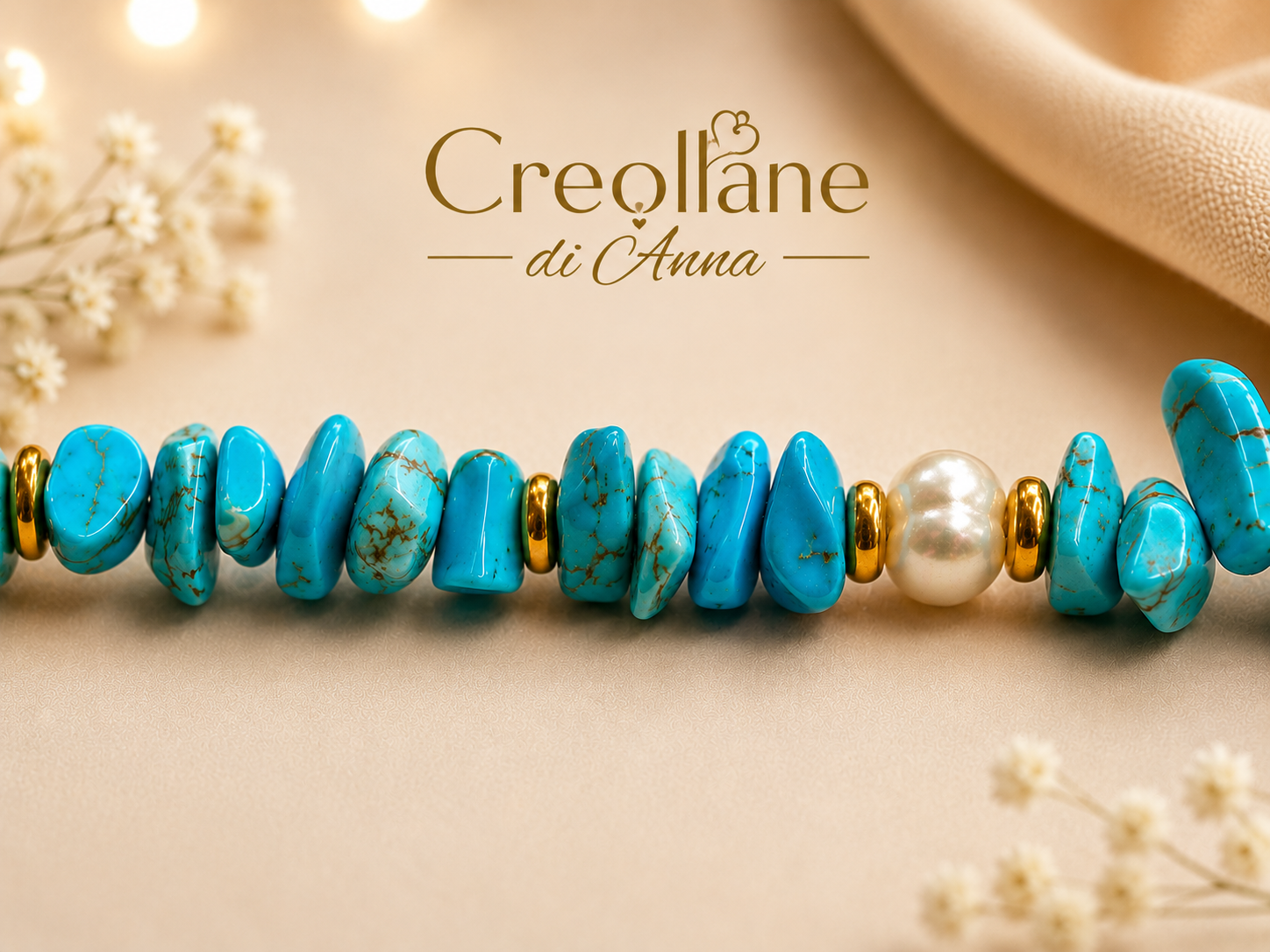 Bracciale Donna Artigianale Handmade | Turchese Grezzo Irregolare e Perline Dorate | Made in Italy