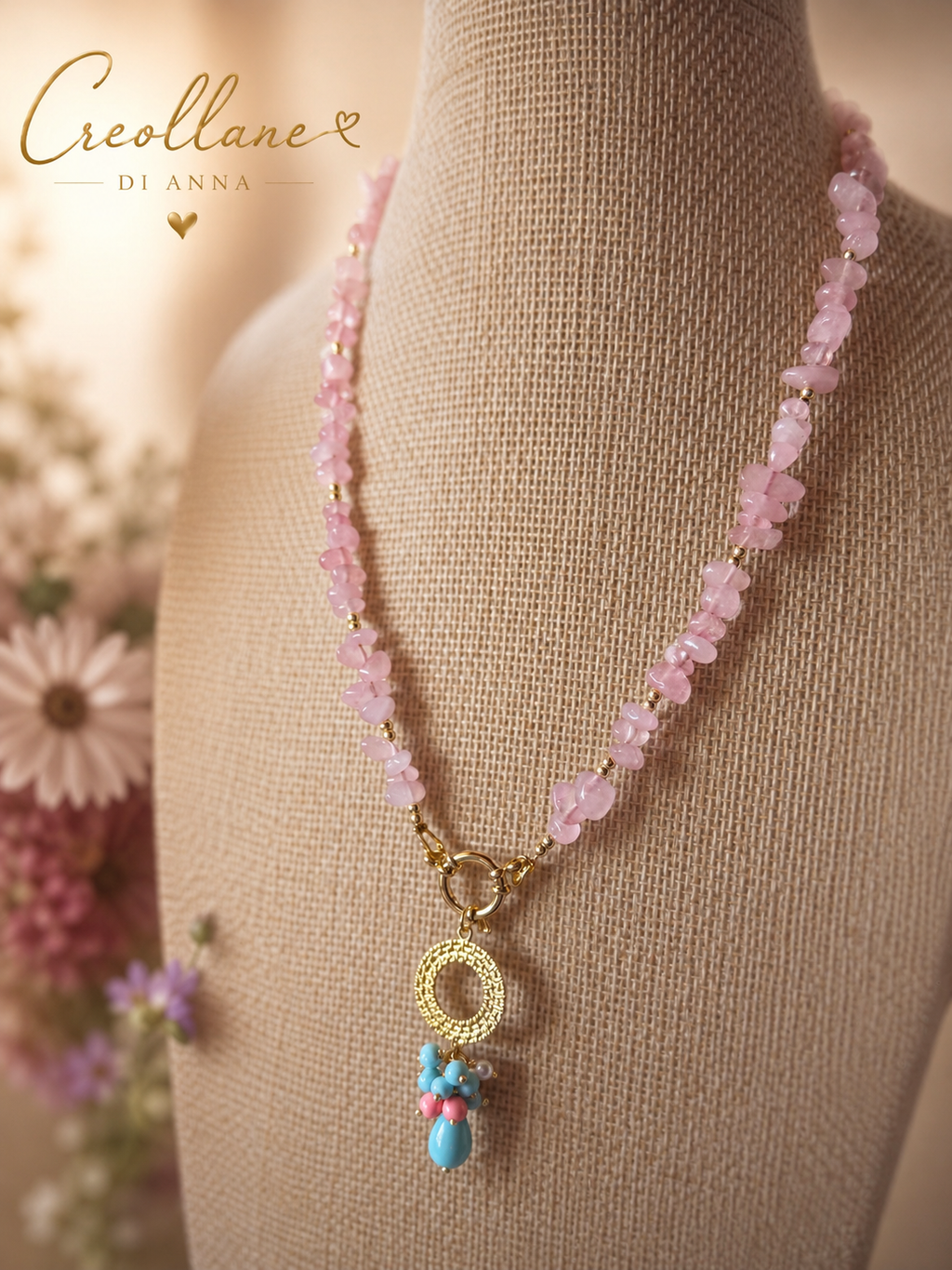 Collana Donna Artigianale Handmade | Quarzo Rosa Chips, Ematite e Pendente Turchese e Opale Rosa | Made in Italy