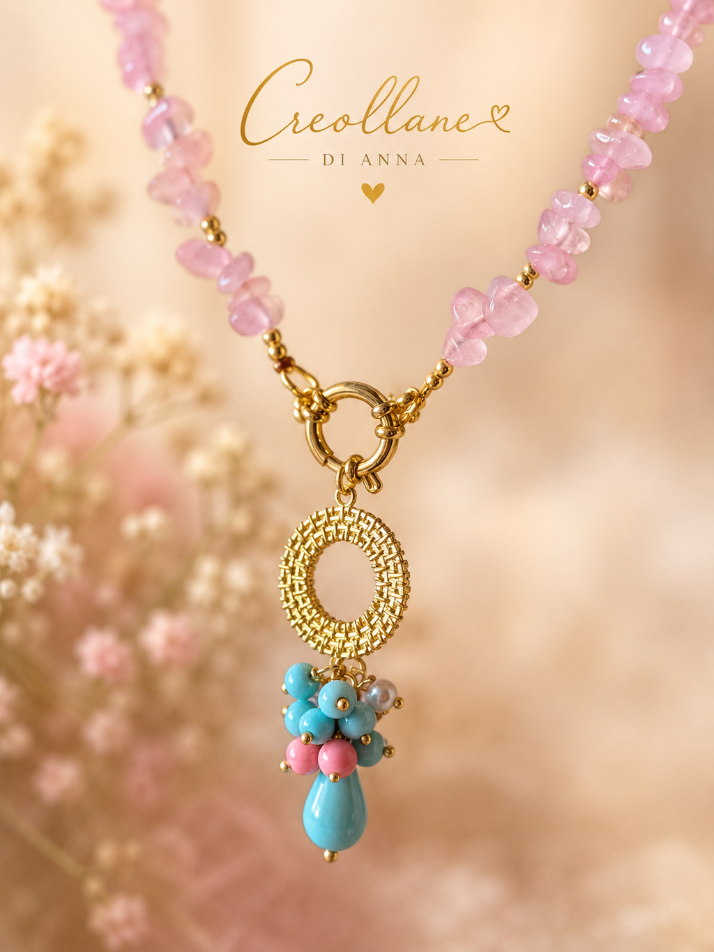 Collana Donna Artigianale Handmade | Quarzo Rosa Chips, Ematite e Pendente Turchese e Opale Rosa | Made in Italy