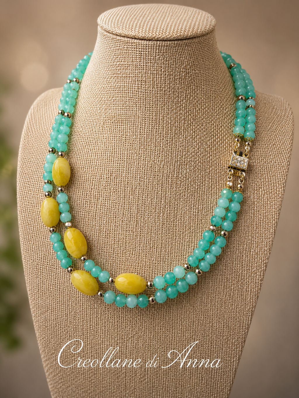 Collana Girocollo Doppio Filo Artigianale Handmade | Crisoprasio, Giada, Perle di Fiume ed Ematite | Made in Italy