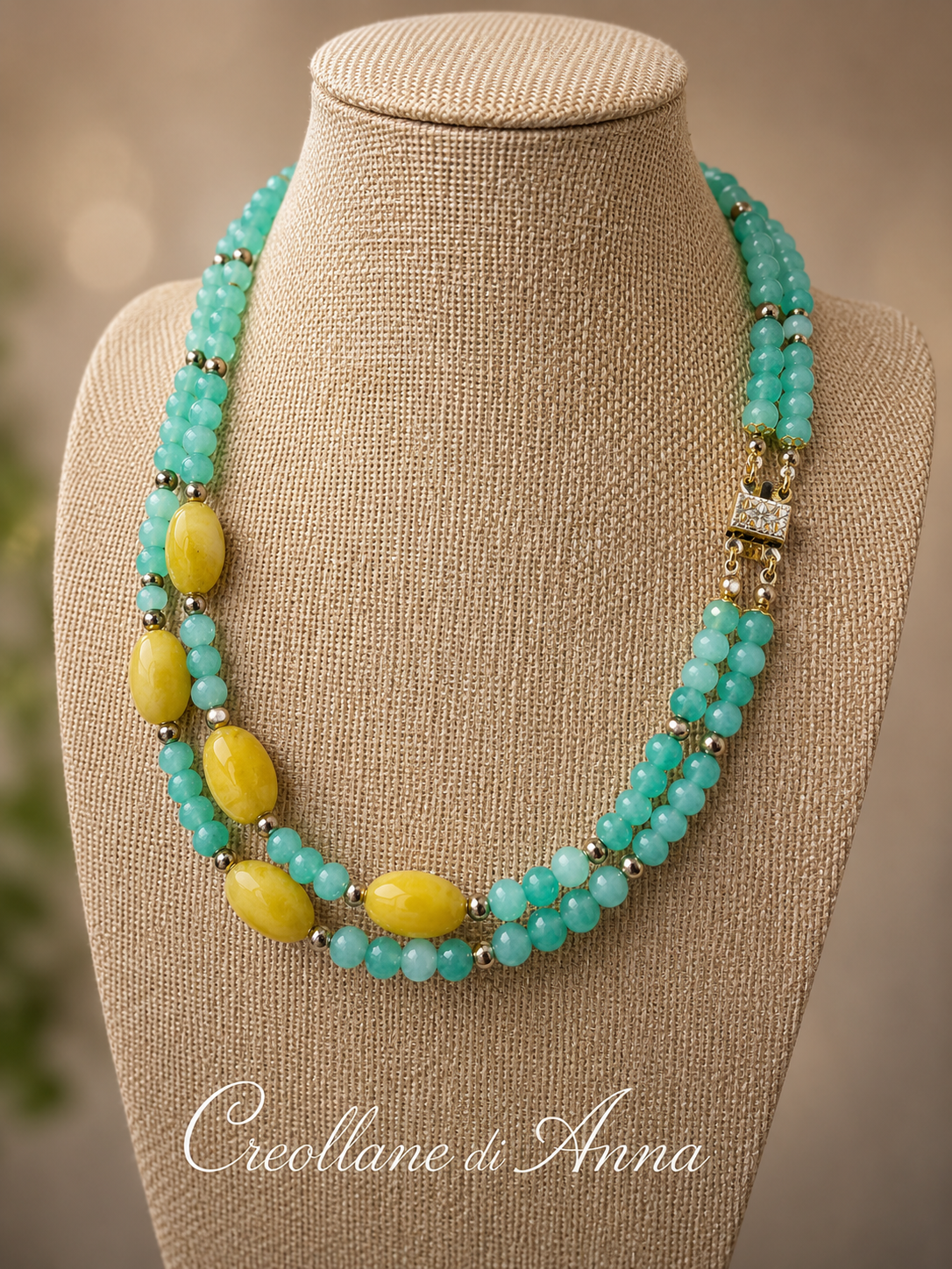 Collana Girocollo Doppio Filo Artigianale Handmade | Crisoprasio, Giada, Perle di Fiume ed Ematite | Made in Italy