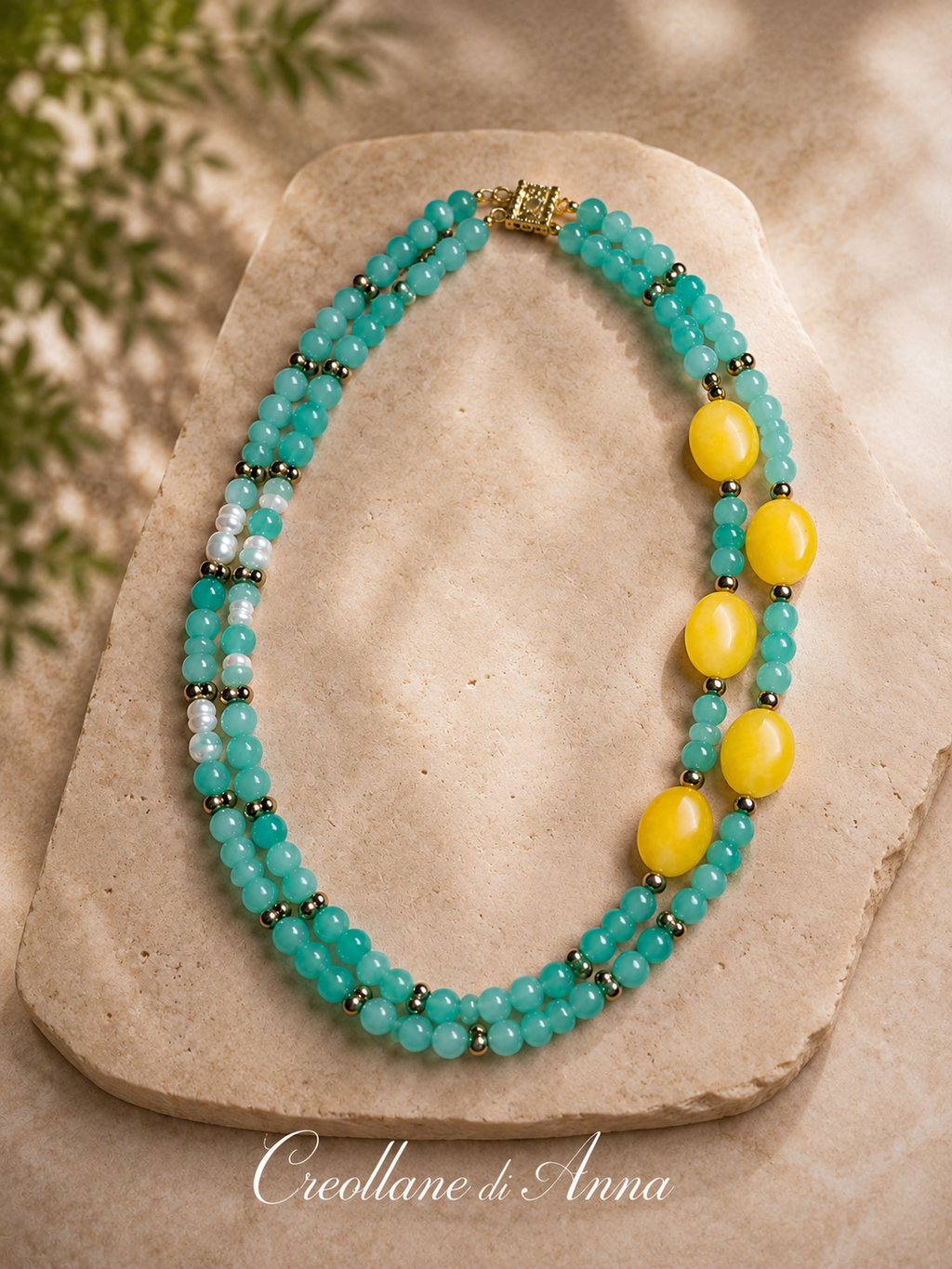 Collana Girocollo Doppio Filo Artigianale Handmade | Crisoprasio, Giada, Perle di Fiume ed Ematite | Made in Italy
