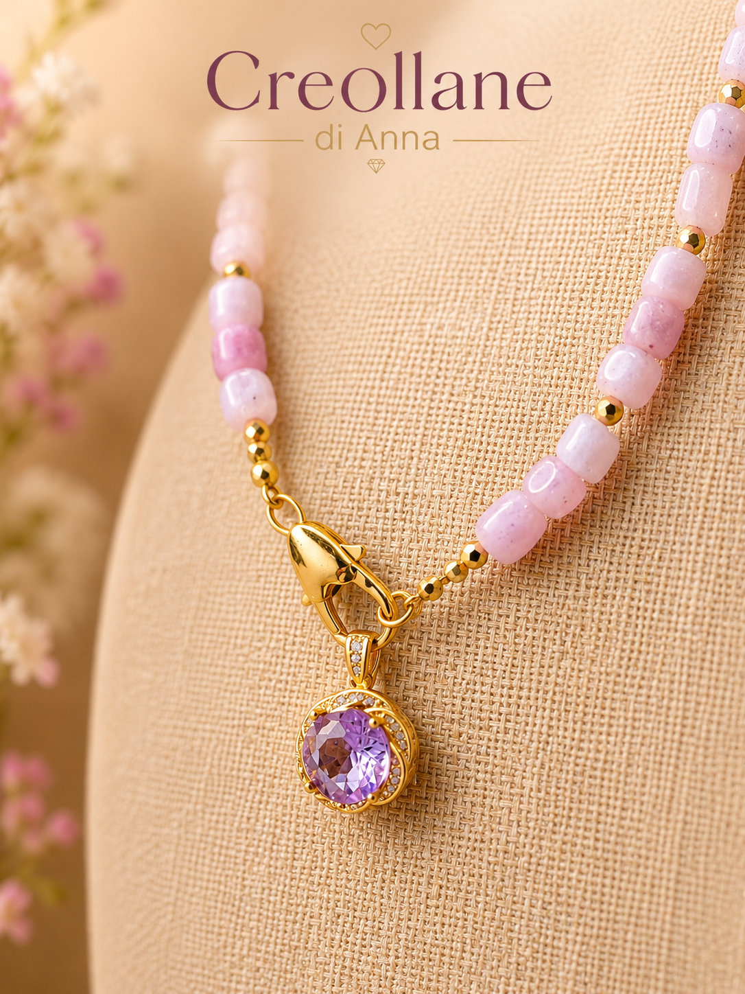 Collana Artigianale Handmade | Kunzite Rosa, Ematite Oro e Ciondolo Cristalli Bianchi e Lilla | Made in Italy