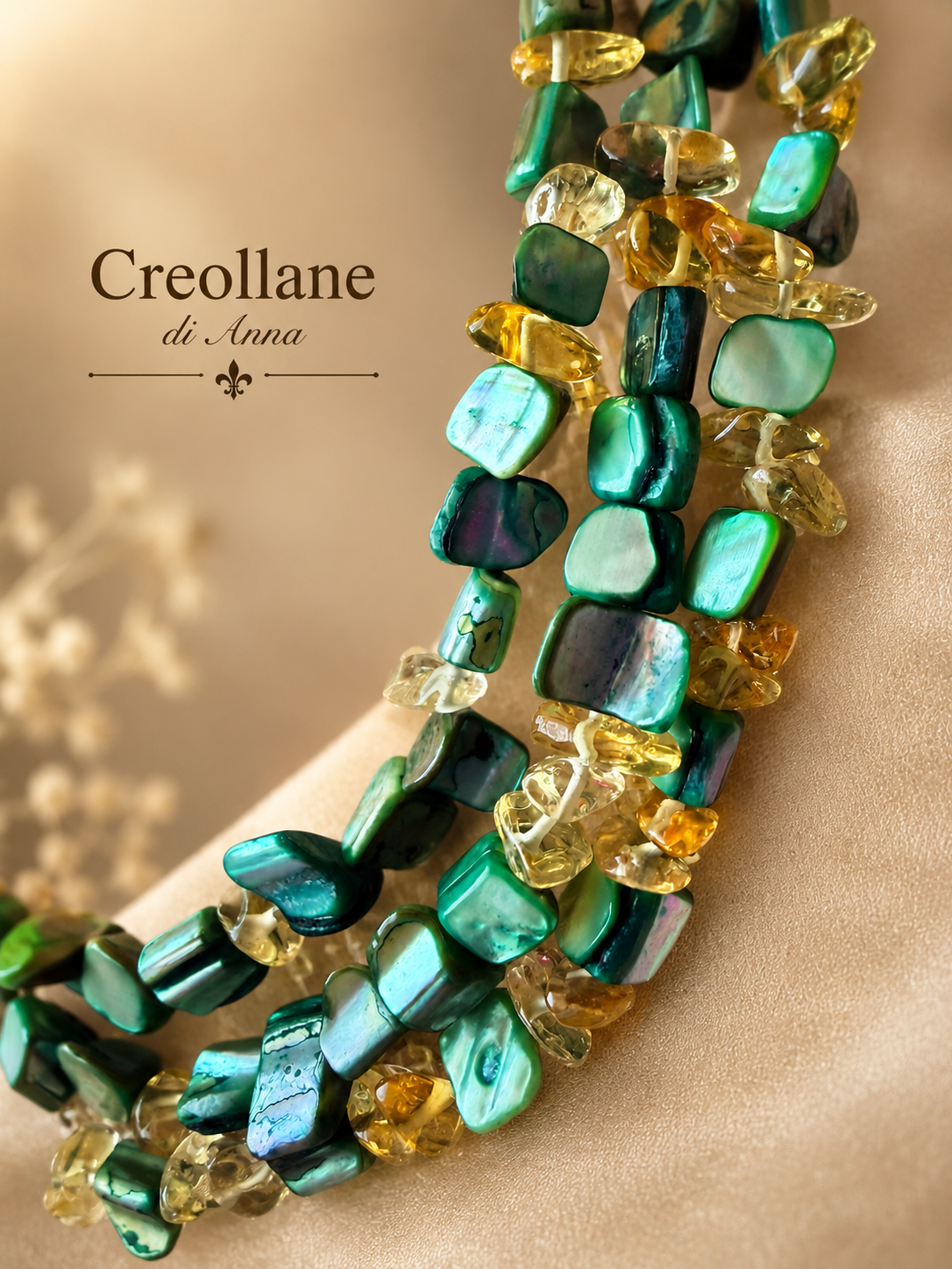 Collana Multifilo Artigianale Handmade | Madreperla Verde e Quarzo Citrino a Chips | Made in Italy