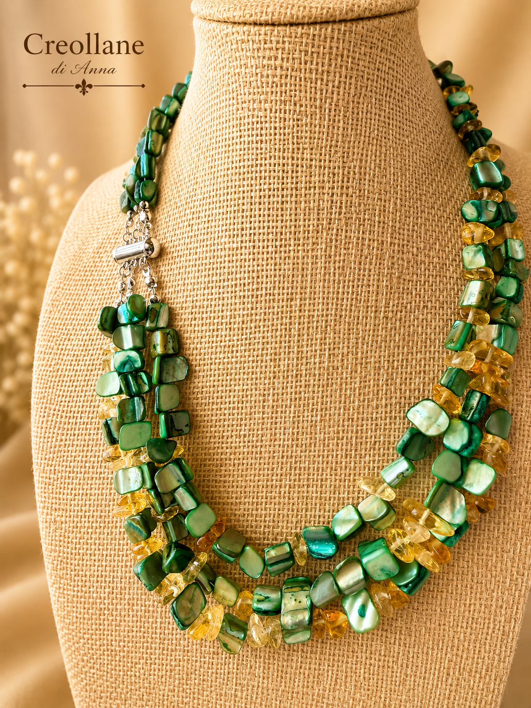 Collana Multifilo Artigianale Handmade | Madreperla Verde e Quarzo Citrino a Chips | Made in Italy