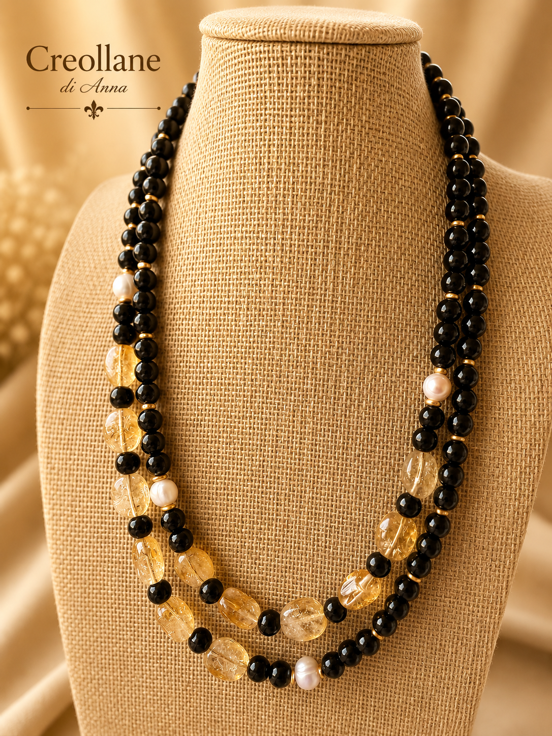 Collana Doppio Filo Artigianale Handmade | Onice Nero, Perle di Fiume e Quarzo Citrino | Made in Italy