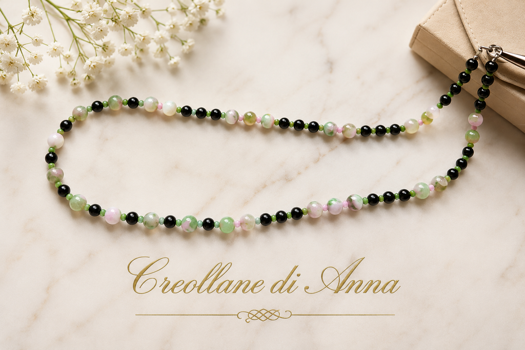 Collana Artigianale Handmade | Onice Nero, Giada Persiana Verde e Rosa, Cristalli Sfaccettati | Made in Italy