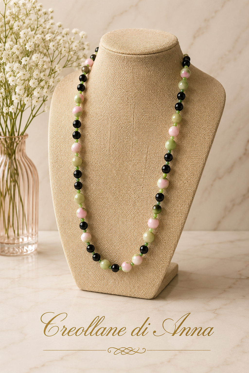 Collana Artigianale Handmade | Onice Nero, Giada Persiana Verde e Rosa, Cristalli Sfaccettati | Made in Italy