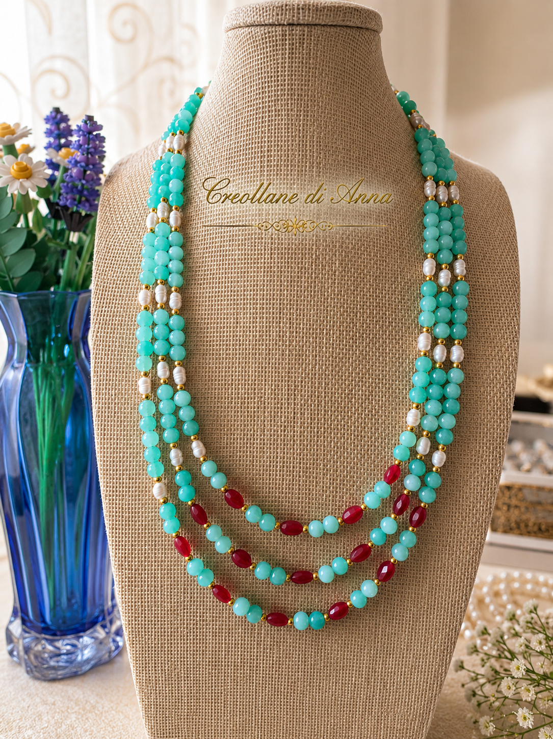 Collana Multifilo Artigianale Handmade | Crisoprasio, Radice di Rubino, Occhio di Gatto e Perle di Fiume | Made in Italy
