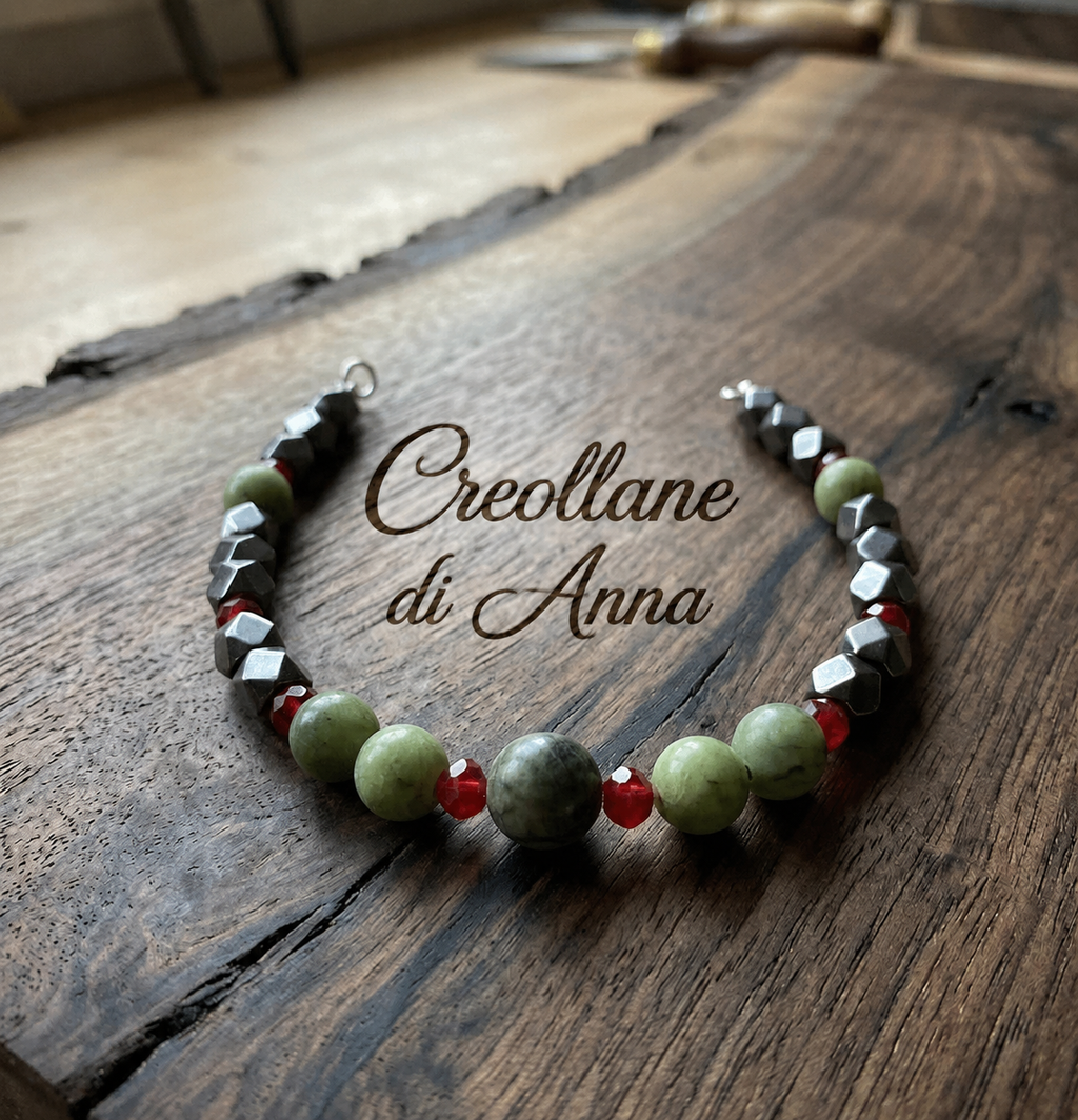 Bracciale Uomo Ematite, Serpentino e Cristallo Rosso | Handmade Made in Italy