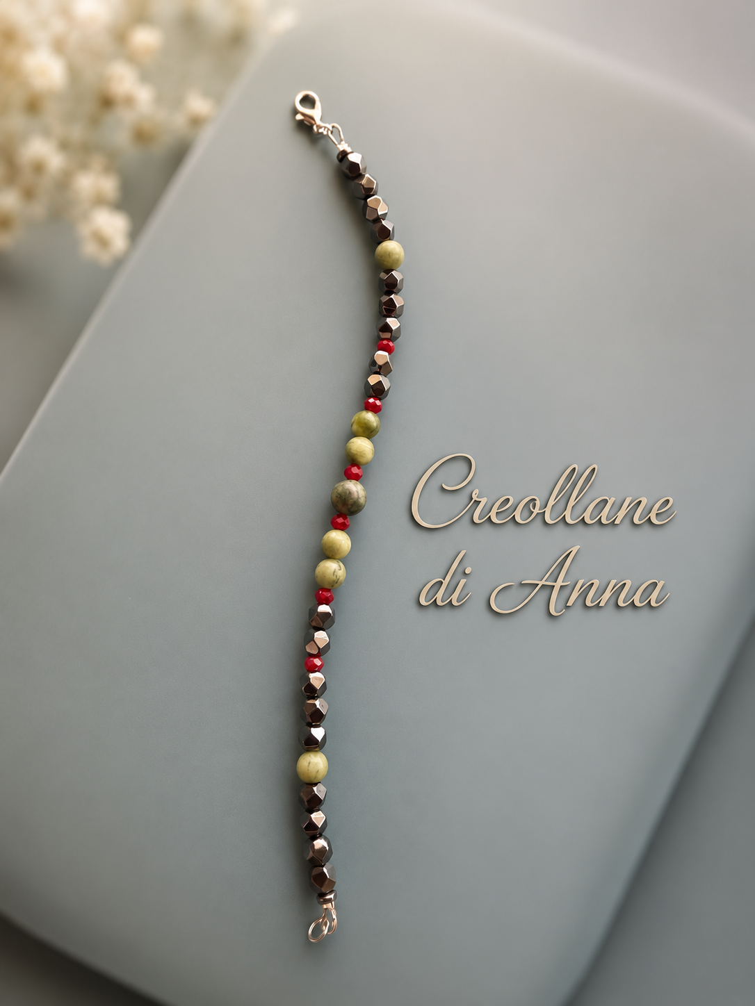 Bracciale Uomo Ematite, Serpentino e Cristallo Rosso | Handmade Made in Italy