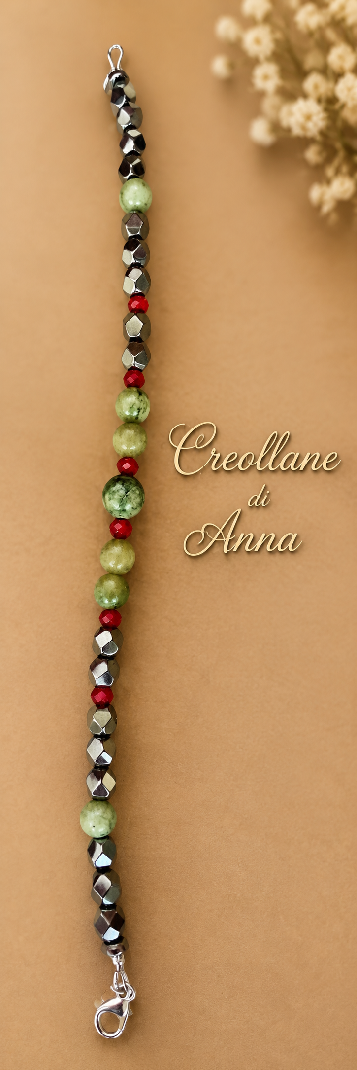Bracciale Uomo Ematite, Serpentino e Cristallo Rosso | Handmade Made in Italy
