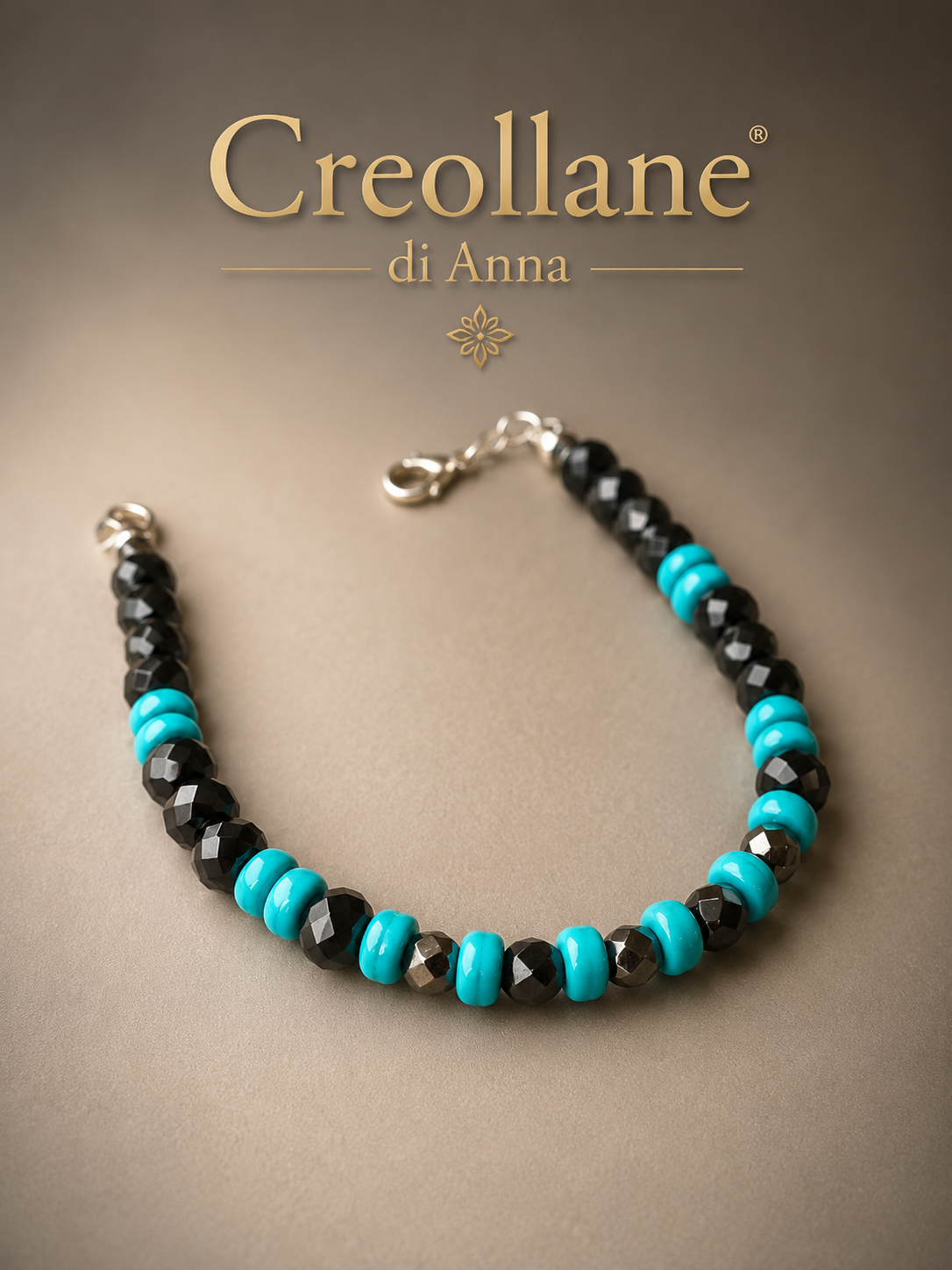 Bracciale Uomo Onice Nero, Turchinite Azzurra ed Ematite Esagonale | Handmade Made in Italy