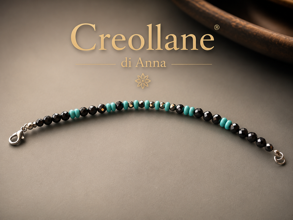 Bracciale Uomo Onice Nero, Turchinite Azzurra ed Ematite Esagonale | Handmade Made in Italy