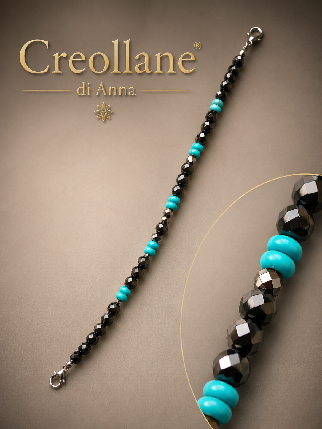Bracciale Uomo Onice Nero, Turchinite Azzurra ed Ematite Esagonale | Handmade Made in Italy