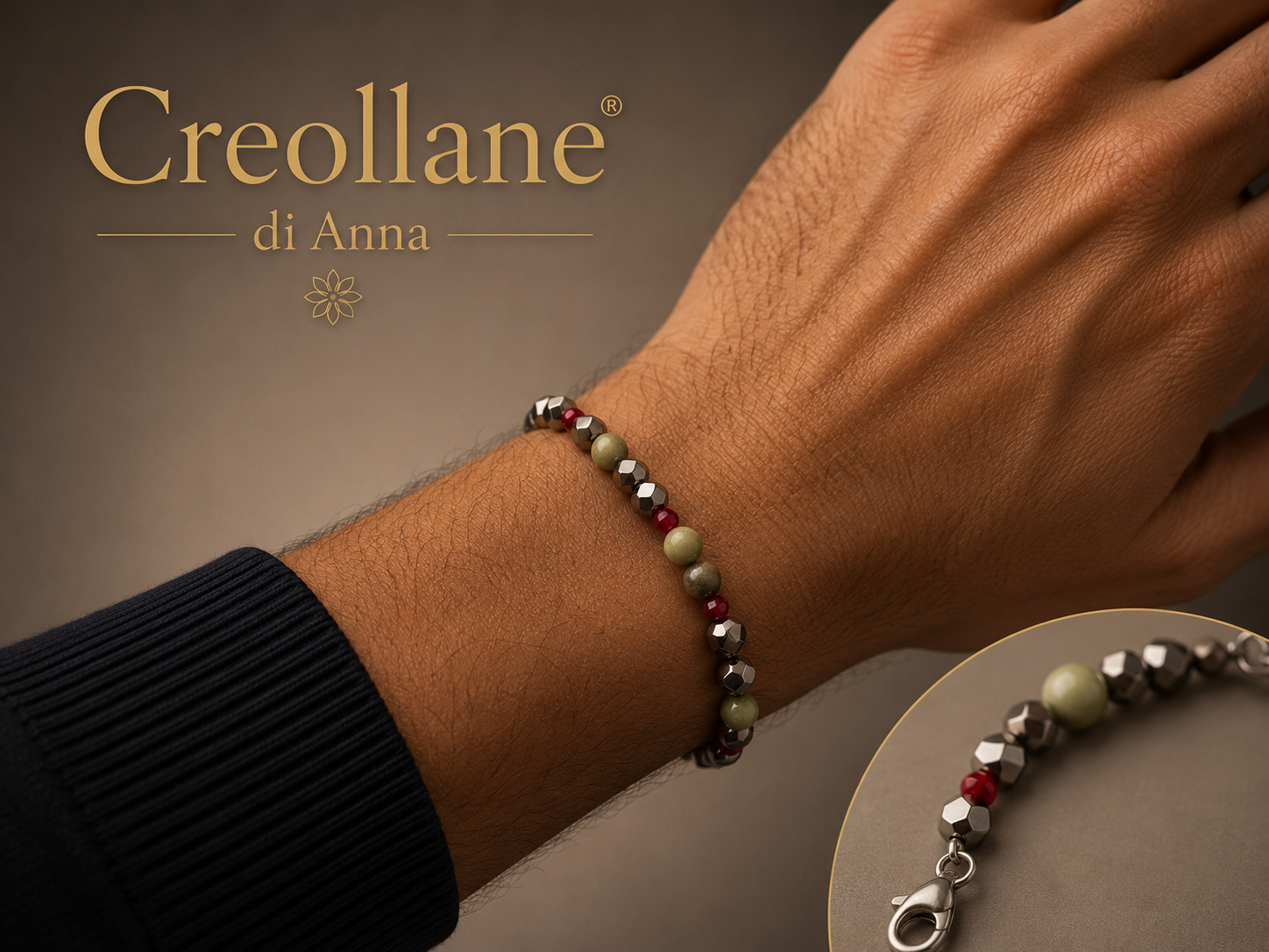 Bracciale Uomo Ematite, Serpentino e Cristallo Rosso | Handmade Made in Italy