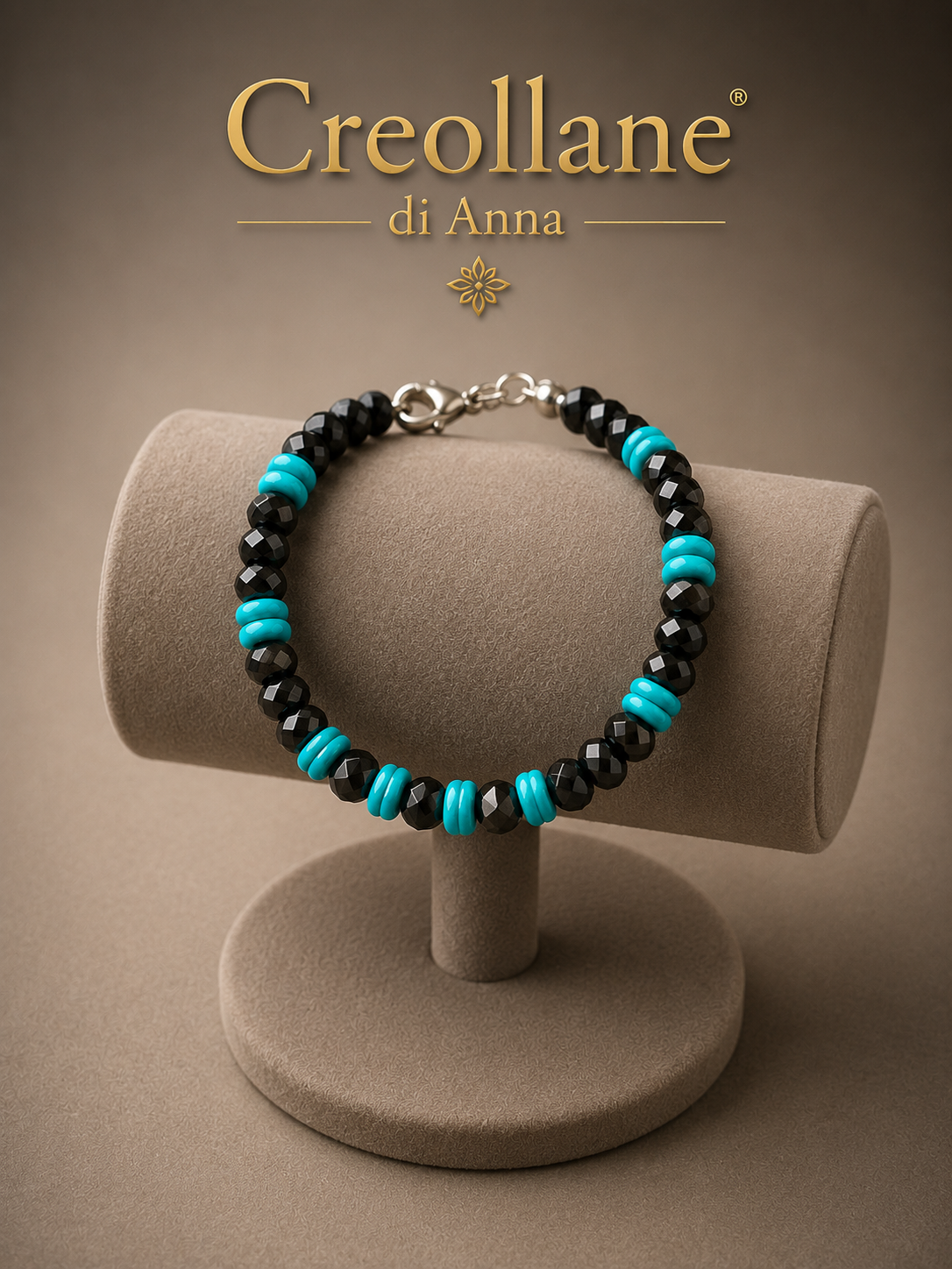 Bracciale Uomo Onice Nero, Turchinite Azzurra ed Ematite Esagonale | Handmade Made in Italy