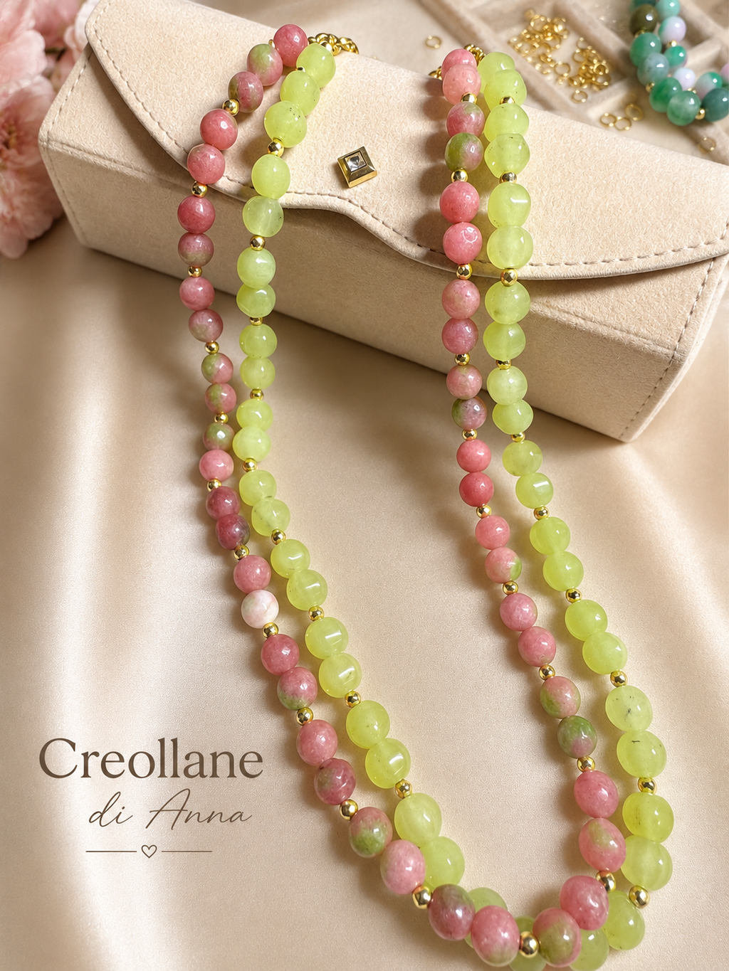 Collana Artigianale Doppio Filo | Serpentino, Quarzite e Ematite Oro | Made in Italy