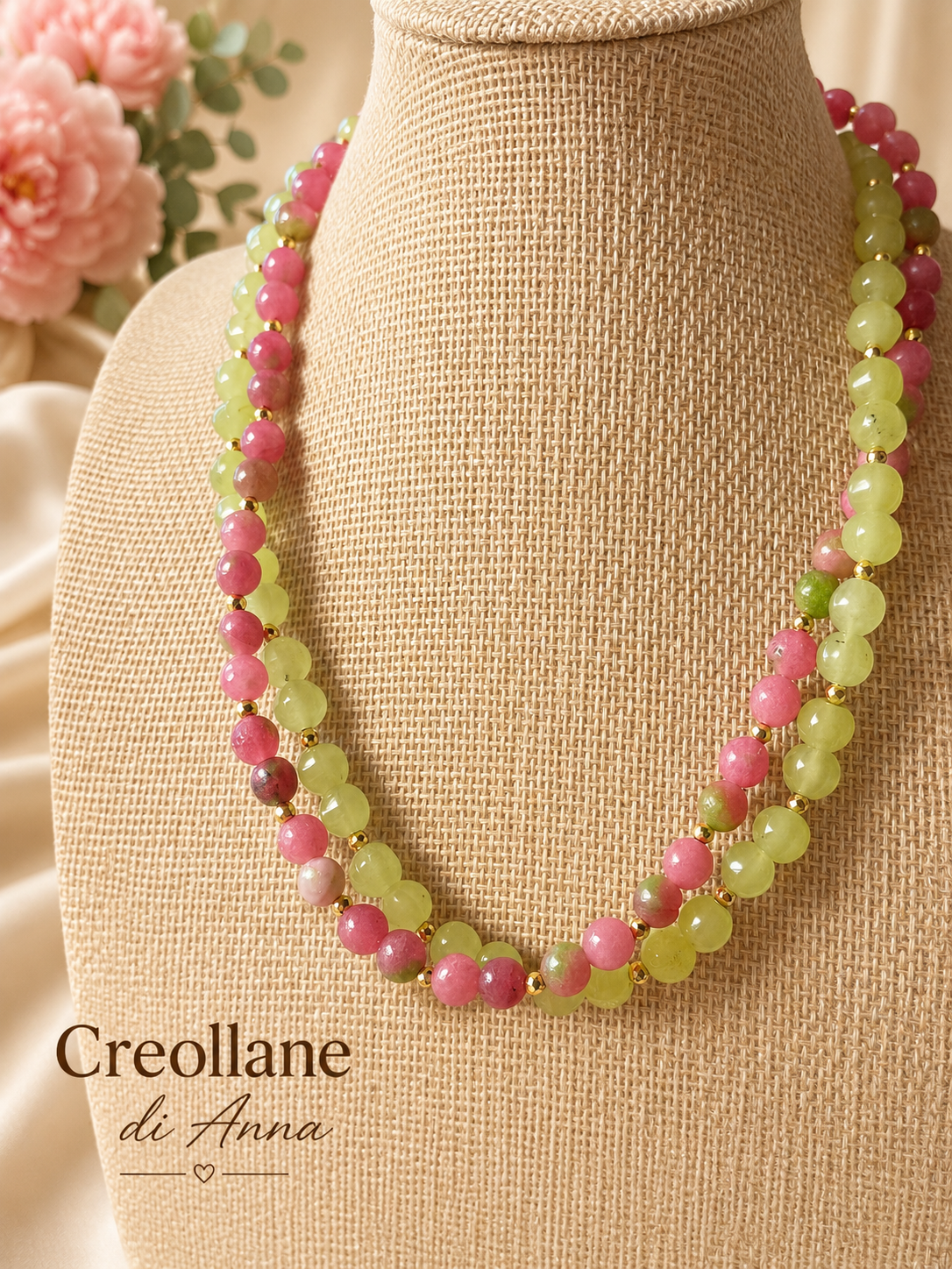 Collana Artigianale Doppio Filo | Serpentino, Quarzite e Ematite Oro | Made in Italy
