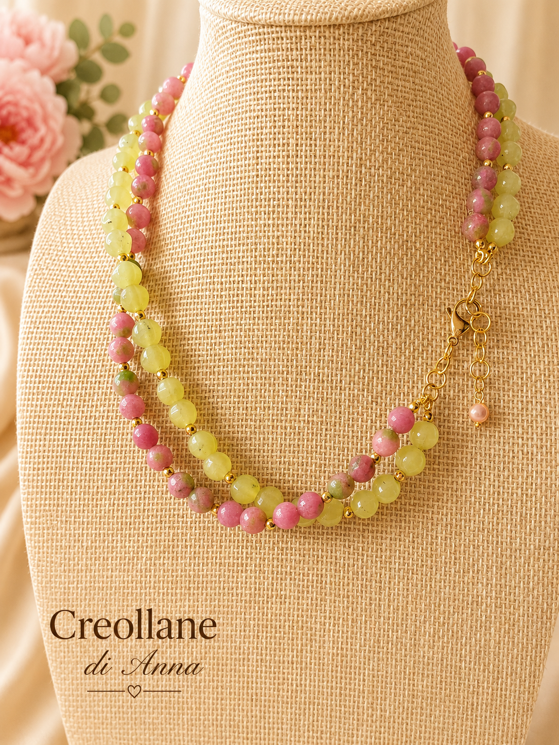 Collana Artigianale Doppio Filo | Serpentino, Quarzite e Ematite Oro | Made in Italy