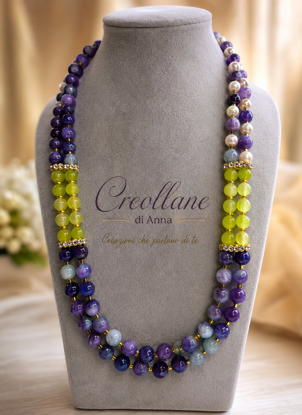 Collana Girocollo Due Fili – Agata Viola, Serpentino Verde e Perle di Maiorca