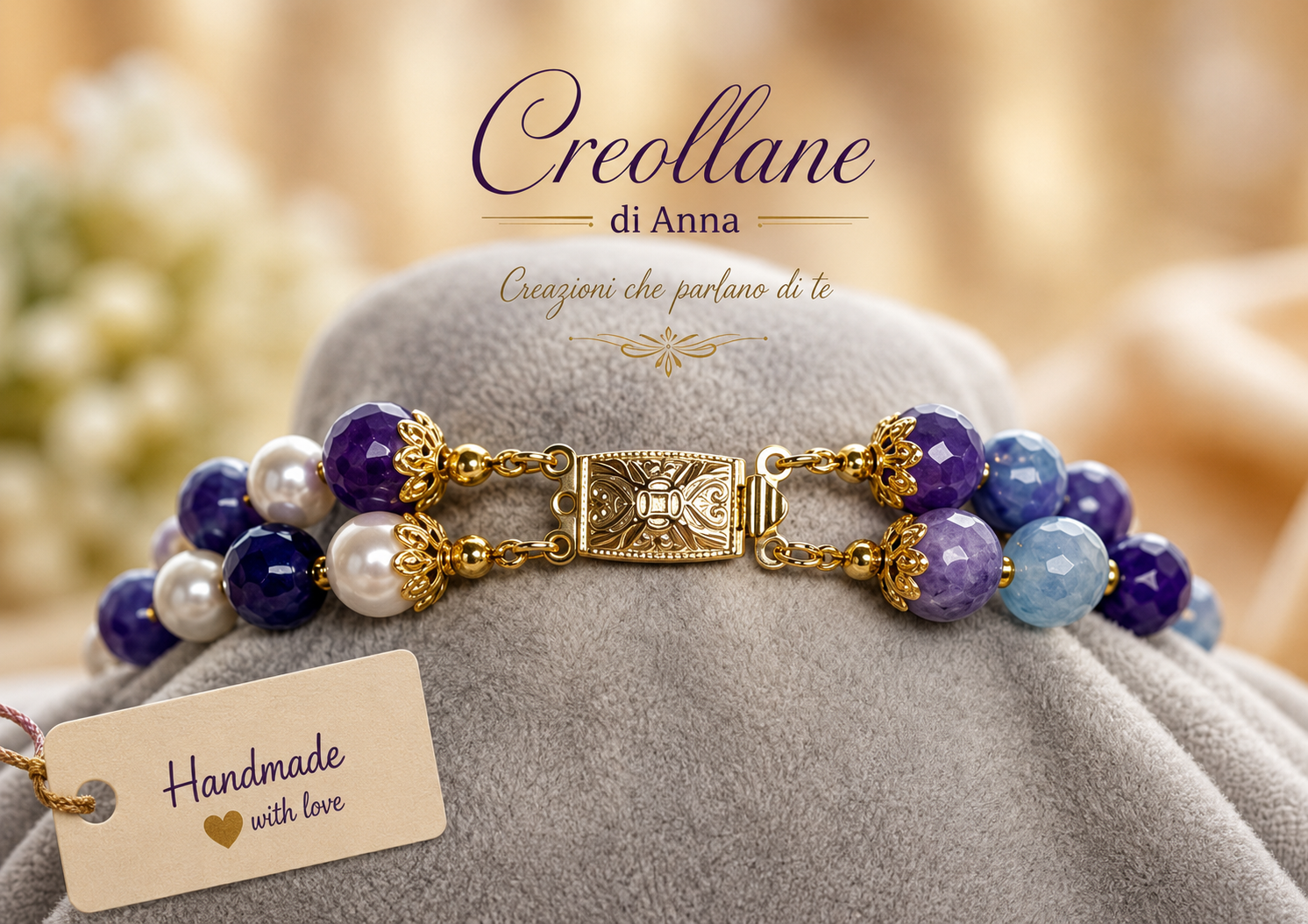 Collana Girocollo Due Fili – Agata Viola, Serpentino Verde e Perle di Maiorca