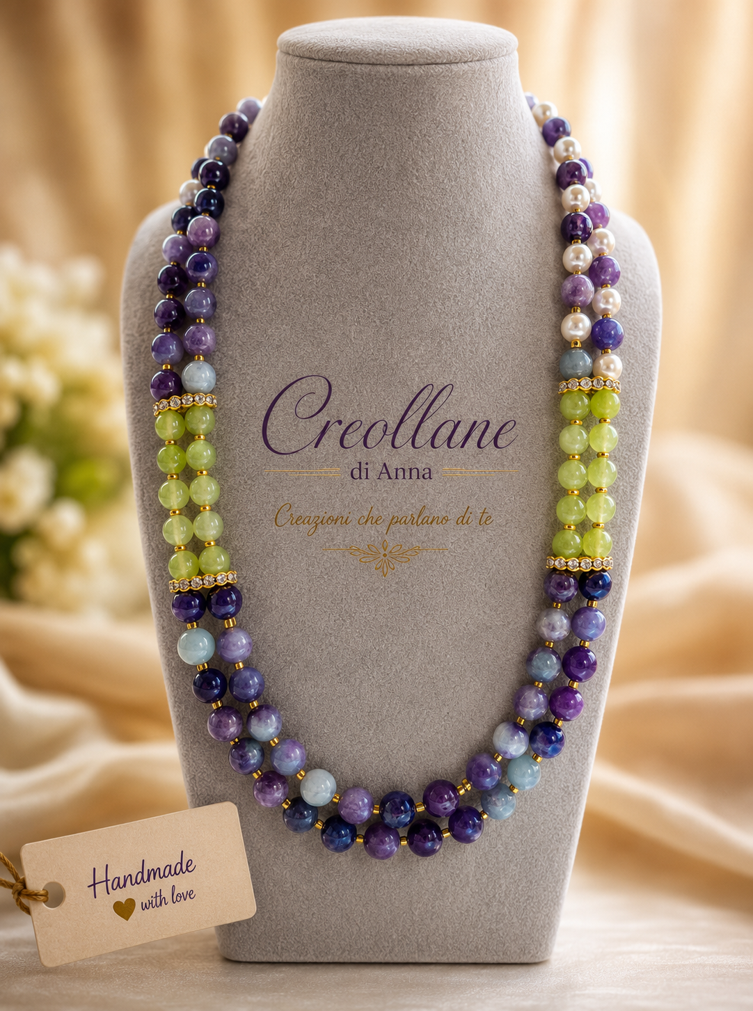 Collana Girocollo Due Fili – Agata Viola, Serpentino Verde e Perle di Maiorca
