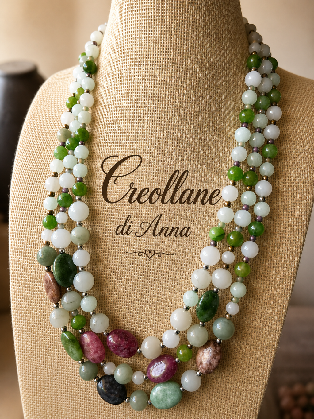 Collana Girocollo Multifilo Artigianale Handmade | Giadite, Agata Verde, Giada Fucsia e Ematite | Made in Italy