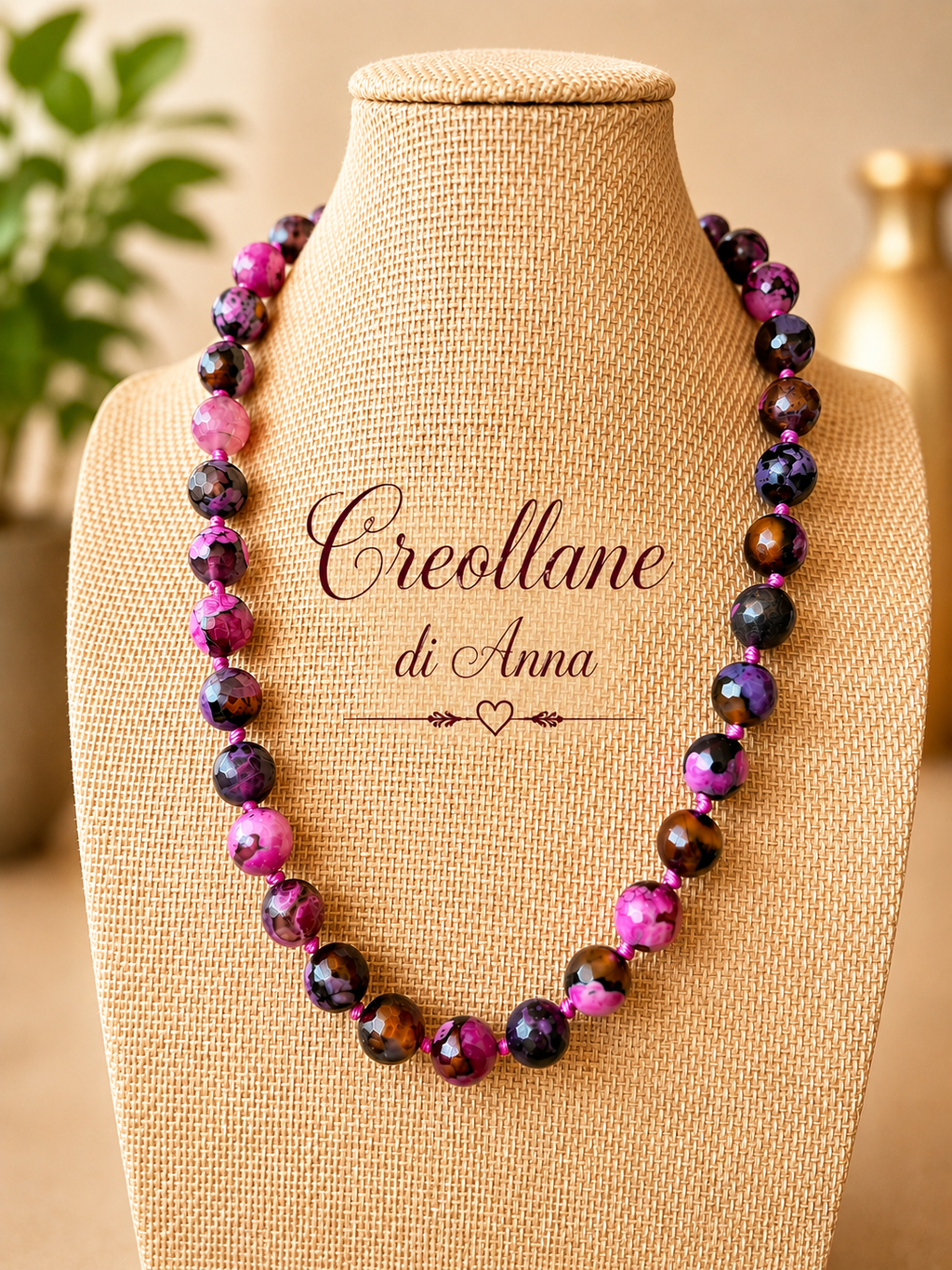 Collana Agata di Fuoco Fucsia e Nero con Ciondolo in Perla Naturale