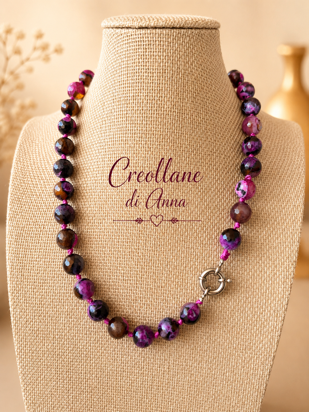 Collana Agata di Fuoco Fucsia e Nero con Ciondolo in Perla Naturale
