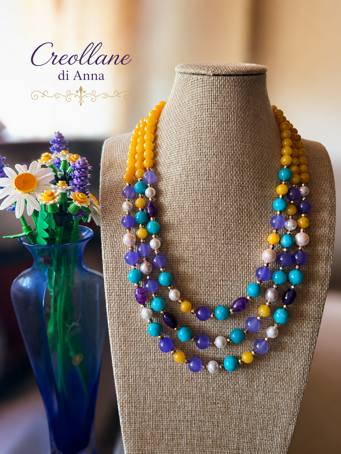 Collana Girocollo Multifilo Artigianale Handmade | Agata Naturale, Perle di Maiorca ed Ematite | Made in Italy