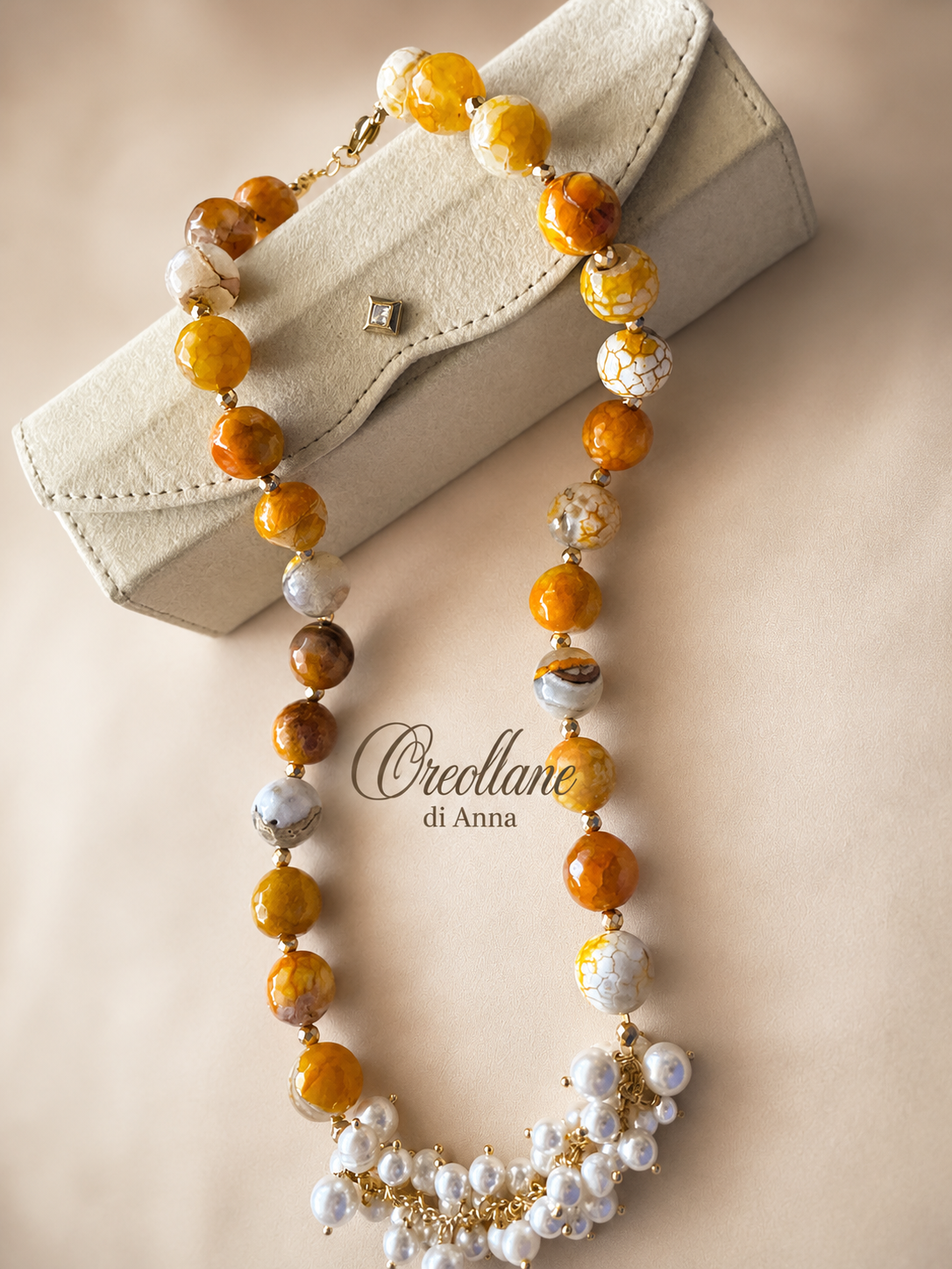 Collana Agata Tinta Sfaccettata con Perle Naturali e Ematite | Giallo Arancione, Bianco, Ocra | Made in Italy