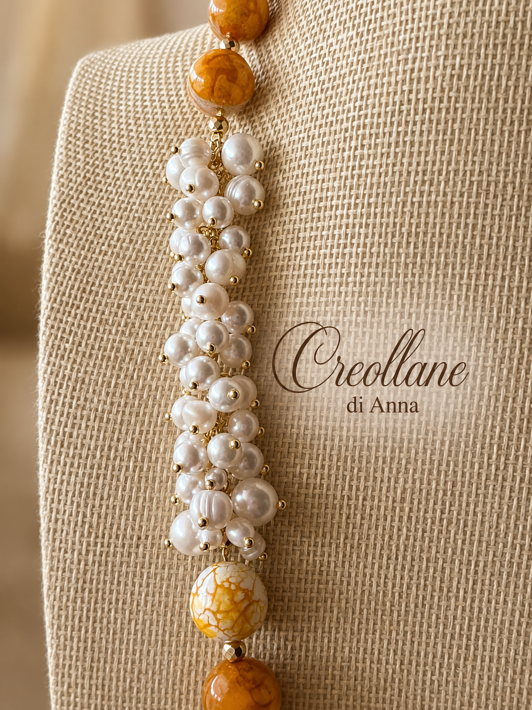 Collana Agata Tinta Sfaccettata con Perle Naturali e Ematite | Giallo Arancione, Bianco, Ocra | Made in Italy