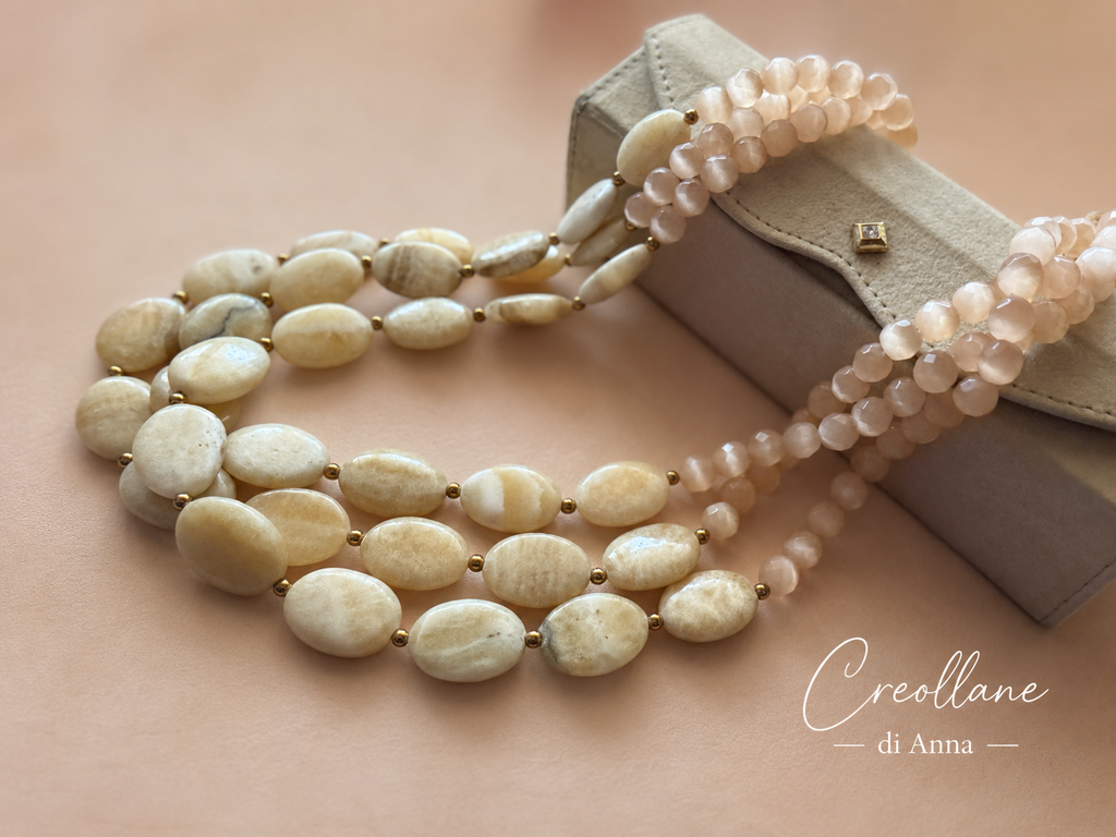 Collana Girocollo Multifilo in Opale Naturale e Pietra di Luna | Beige, Avorio | Made in Italy