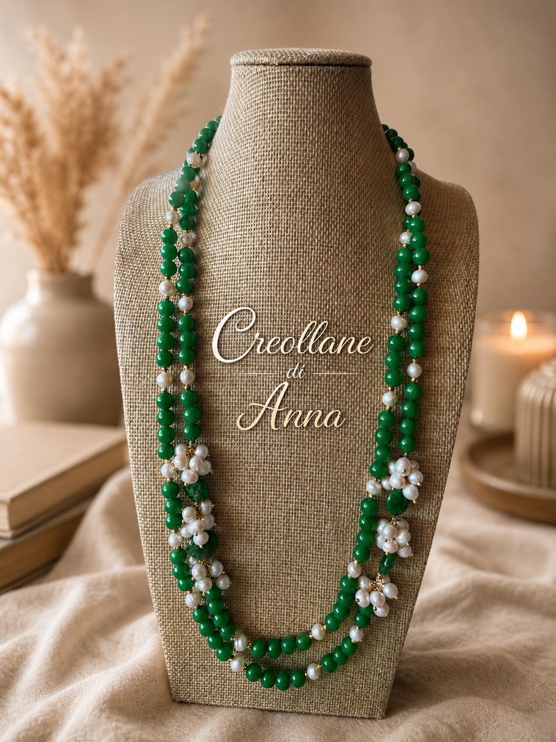 Collana Lunga a Due Fili in Giada Naturale e Perle | Verde, Oro | Made in Italy