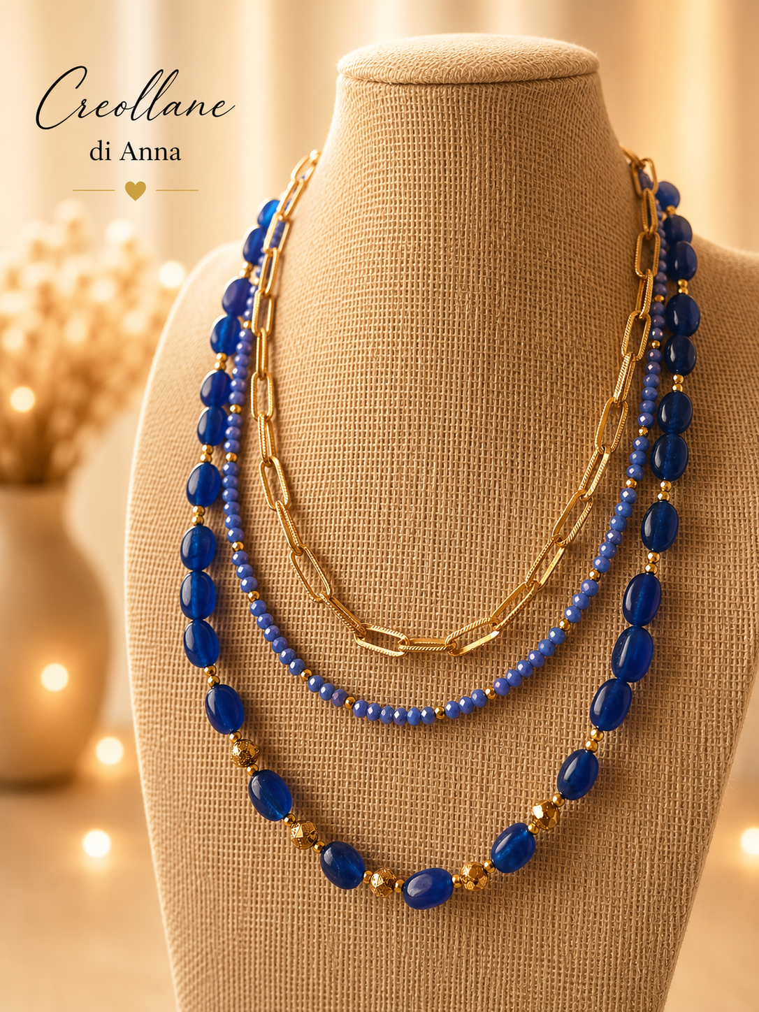 Collana Multifilo a Girocollo Tre Fili con Pietre Naturali | Viola, Bianco, Azzurro, Blu, Rosa | Made in Italy