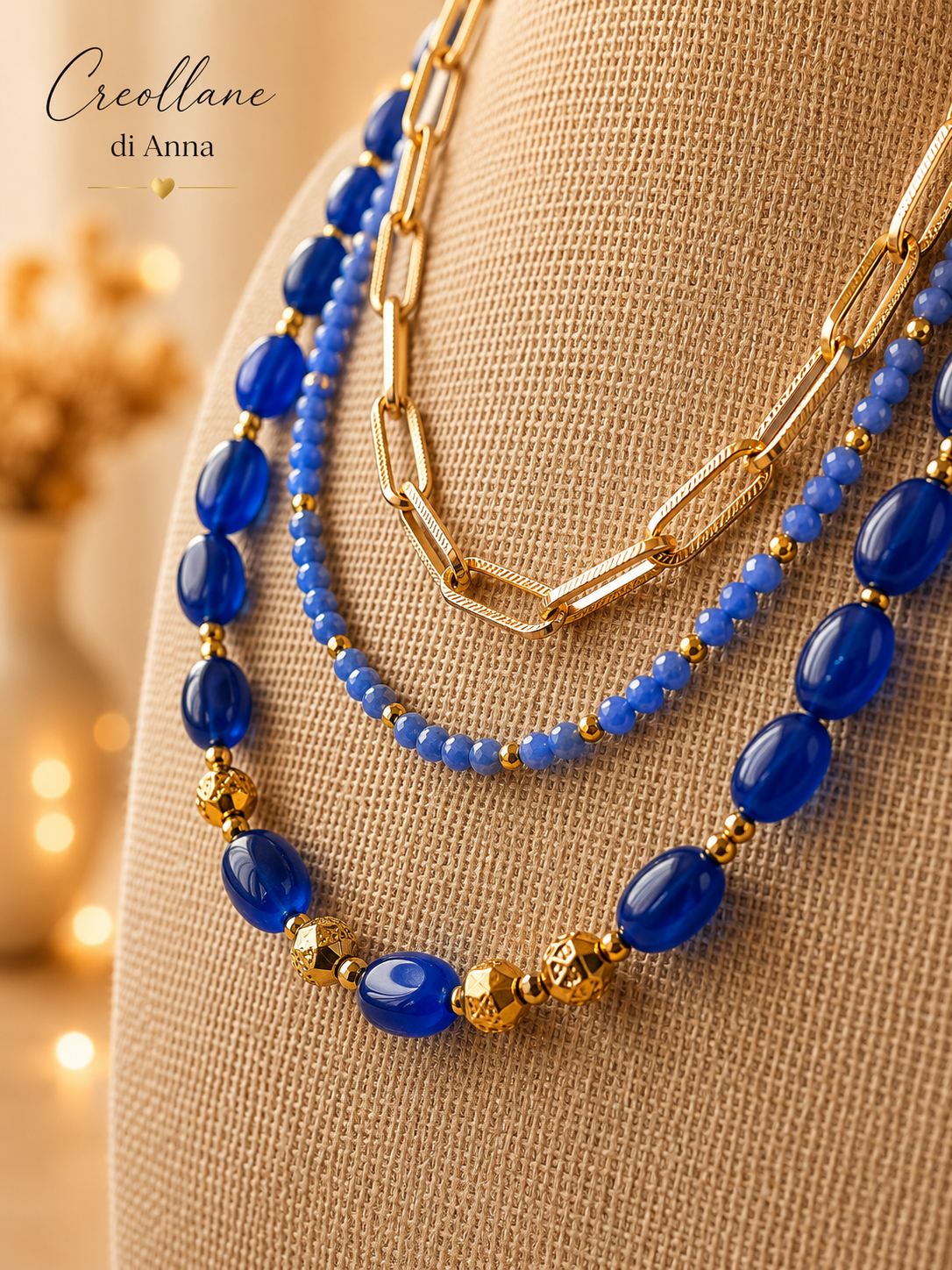 Collana Multifilo a Girocollo Tre Fili con Pietre Naturali | Viola, Bianco, Azzurro, Blu, Rosa | Made in Italy