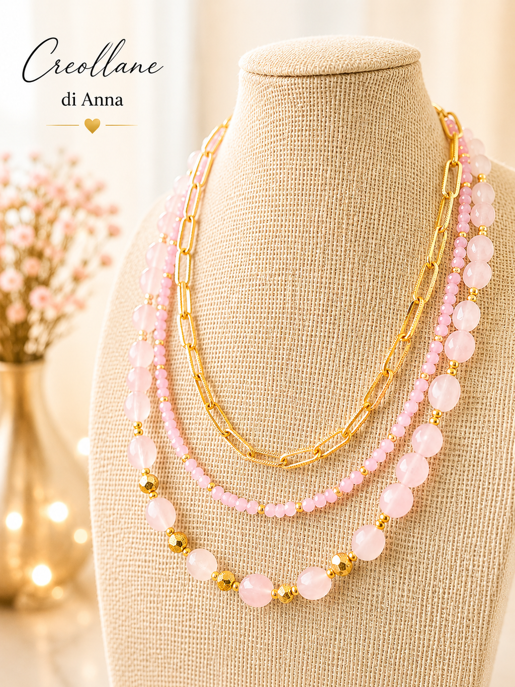 Collana Multifilo a Girocollo Tre Fili con Pietre Naturali | Viola, Bianco, Azzurro, Blu, Rosa | Made in Italy