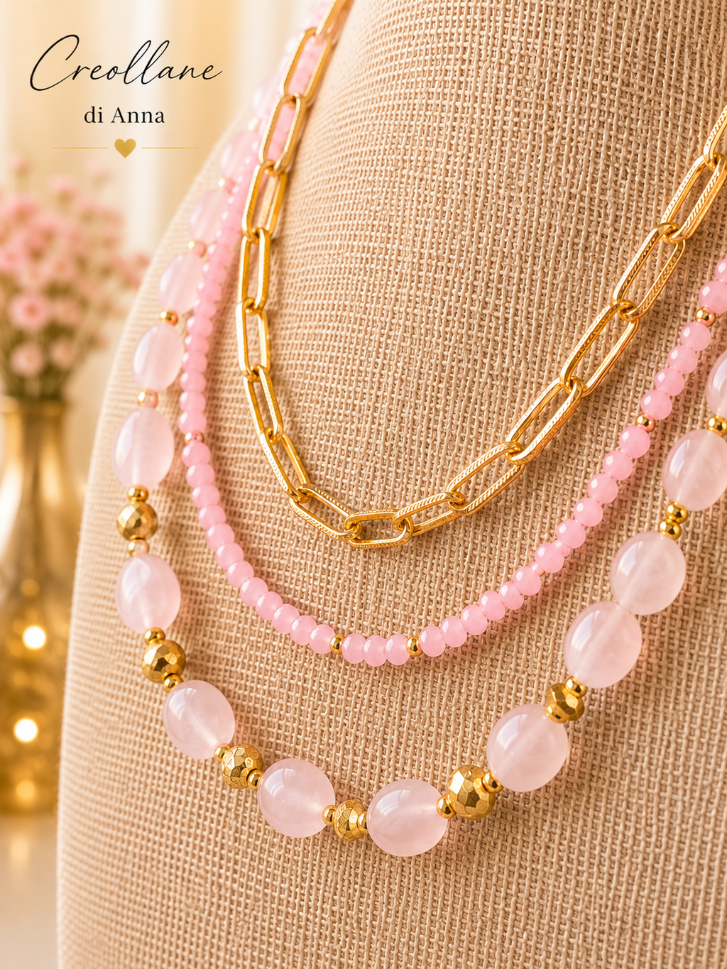 Collana Multifilo a Girocollo Tre Fili con Pietre Naturali | Viola, Bianco, Azzurro, Blu, Rosa | Made in Italy